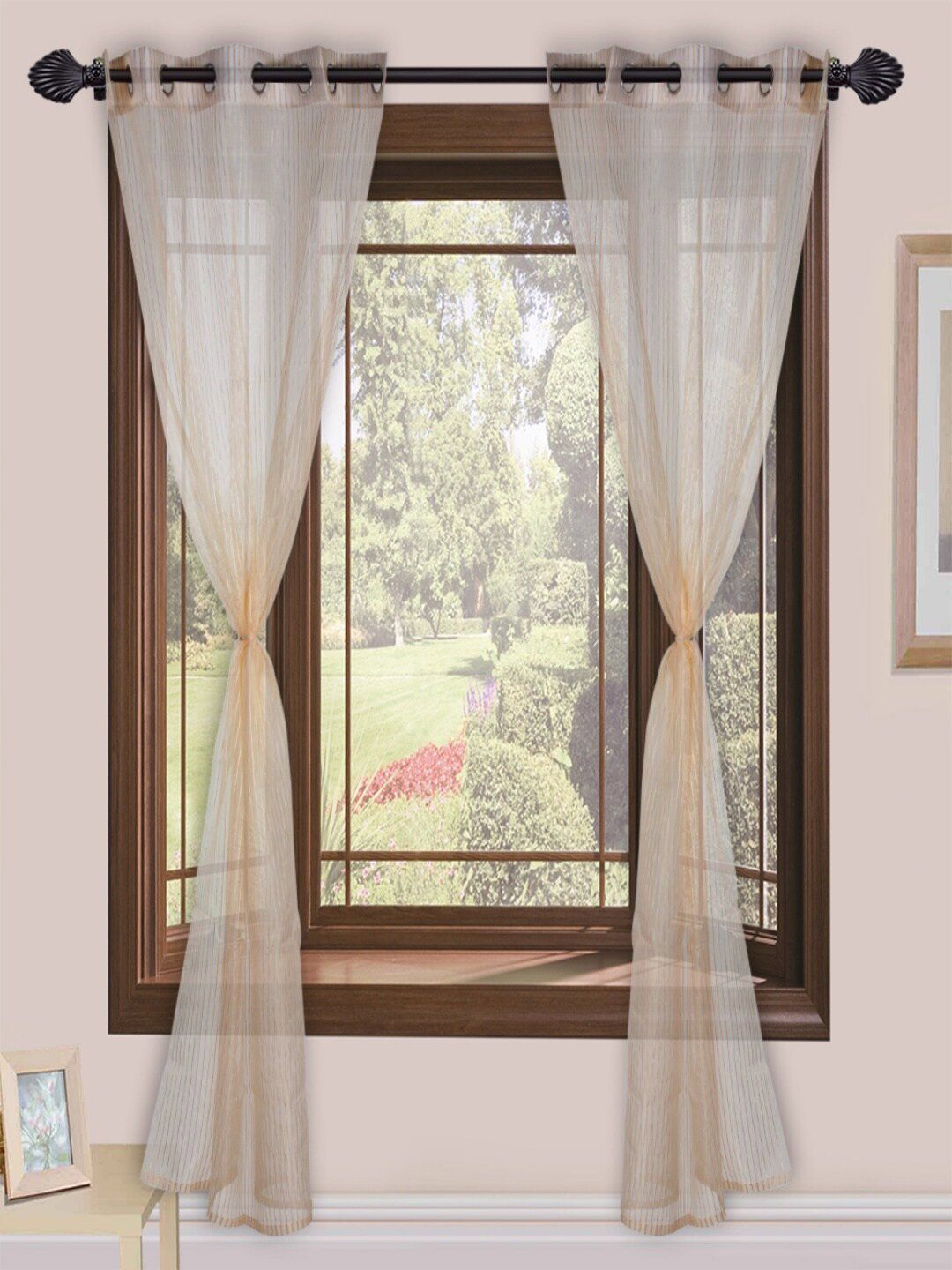 Homefab India Beige 2 Pieces Striped Sheer Long Door Curtains-picture-25
