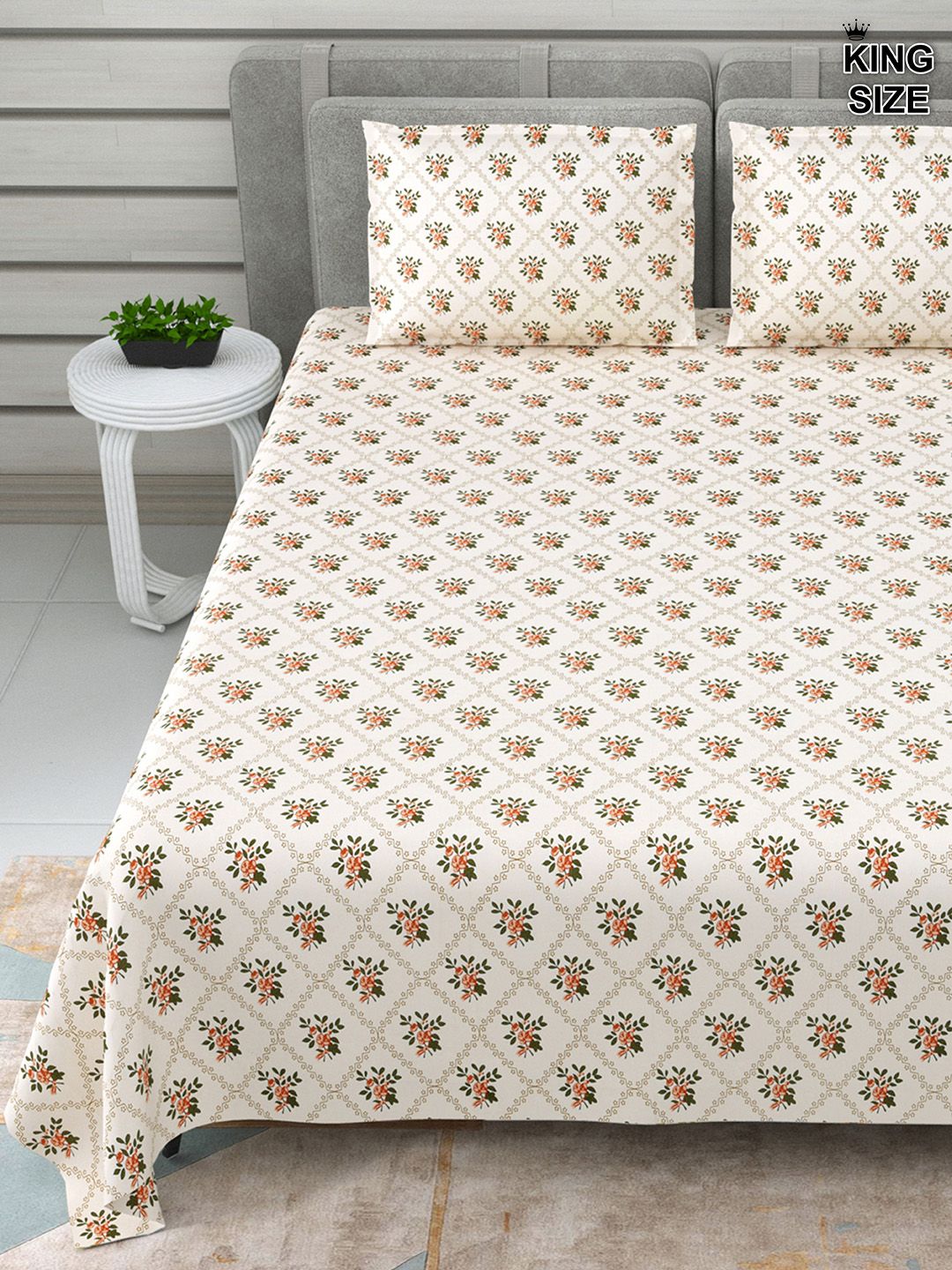 DREAM WEAVERZ Cream Floral 220TC Pure Cotton Super King Bedsheet With 2 Pillow Covers-picture-18
