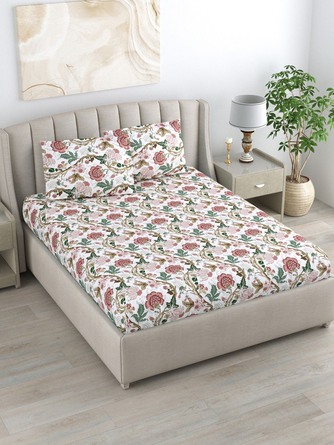 DREAM WEAVERZ White & Pink Anokhi Pure Cotton 220 TC Double Bedsheet with 2 Pillow Covers-image-40