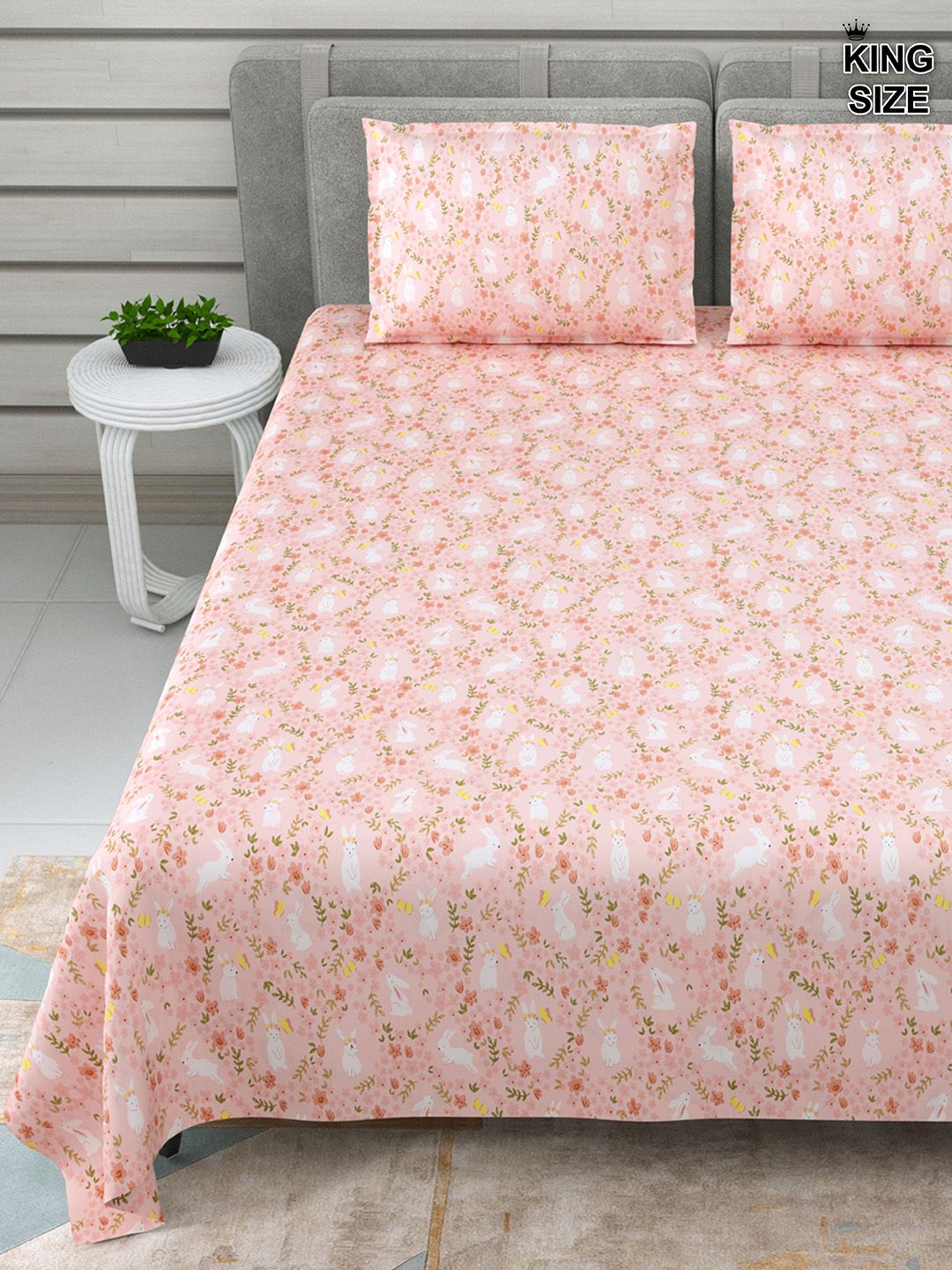 DREAM WEAVERZ Pink Printed Pure Cotton 220 TC Super King Bedsheet with 2 Pillow Covers-image-32