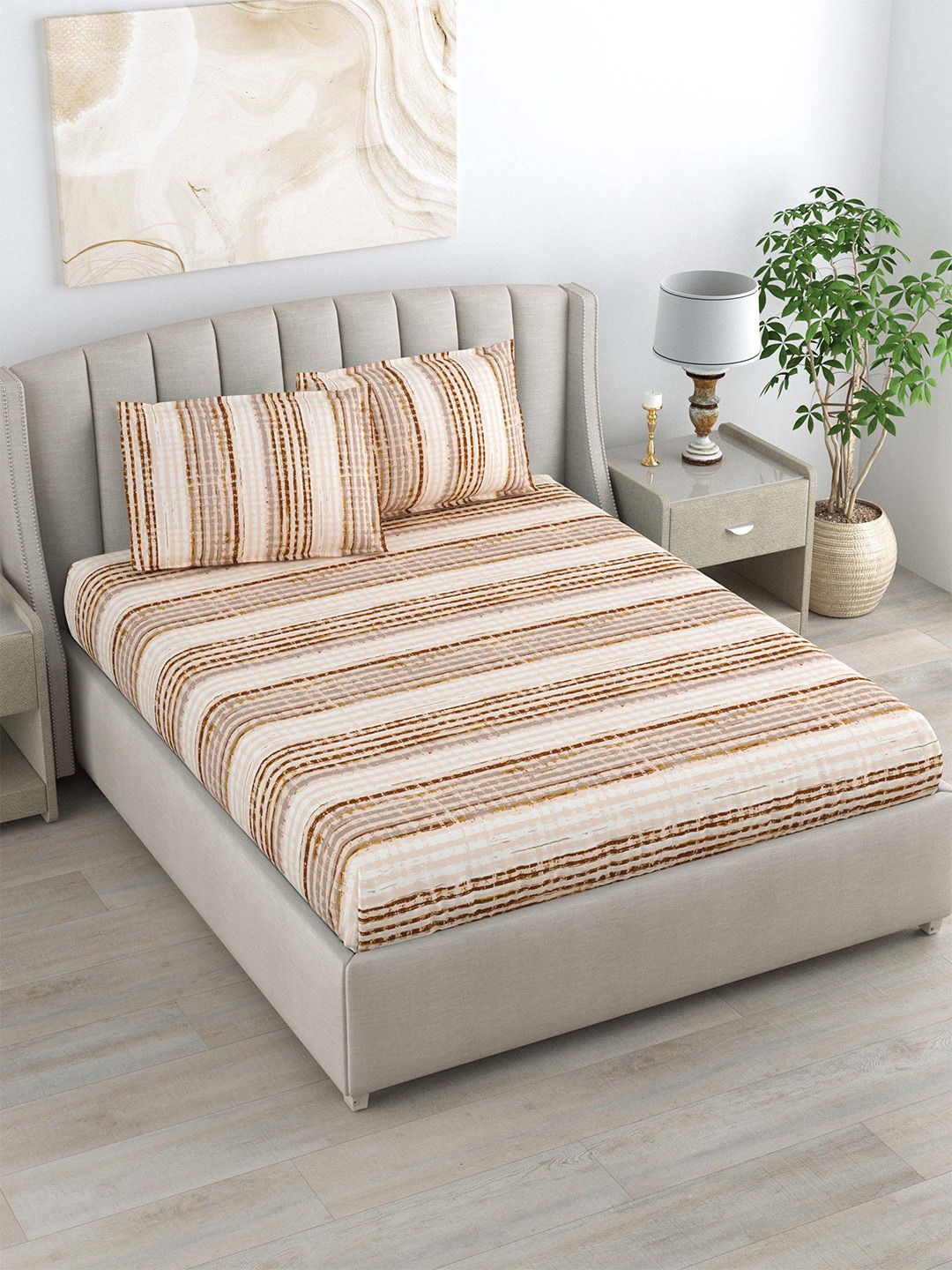 DREAM WEAVERZ Beige & Brown Pure Cotton 220 TC Double Queen Bedsheet With 2 Pillow Covers-picture-14