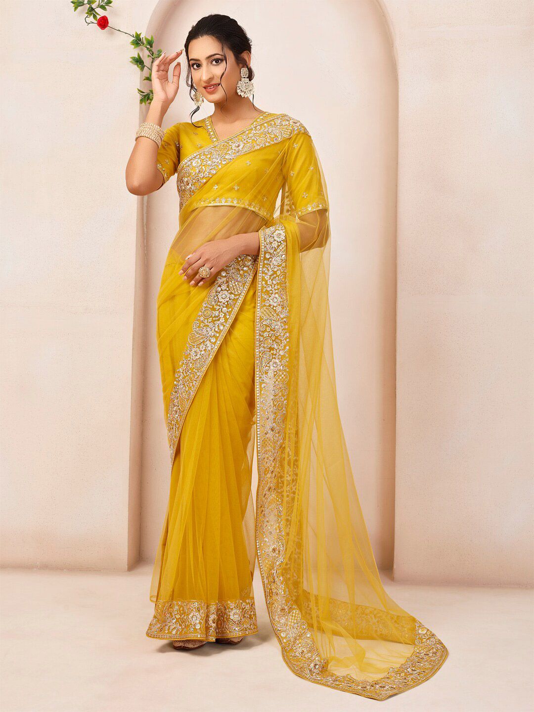 Inddus Mustard Embroidered Sequinned Net Saree