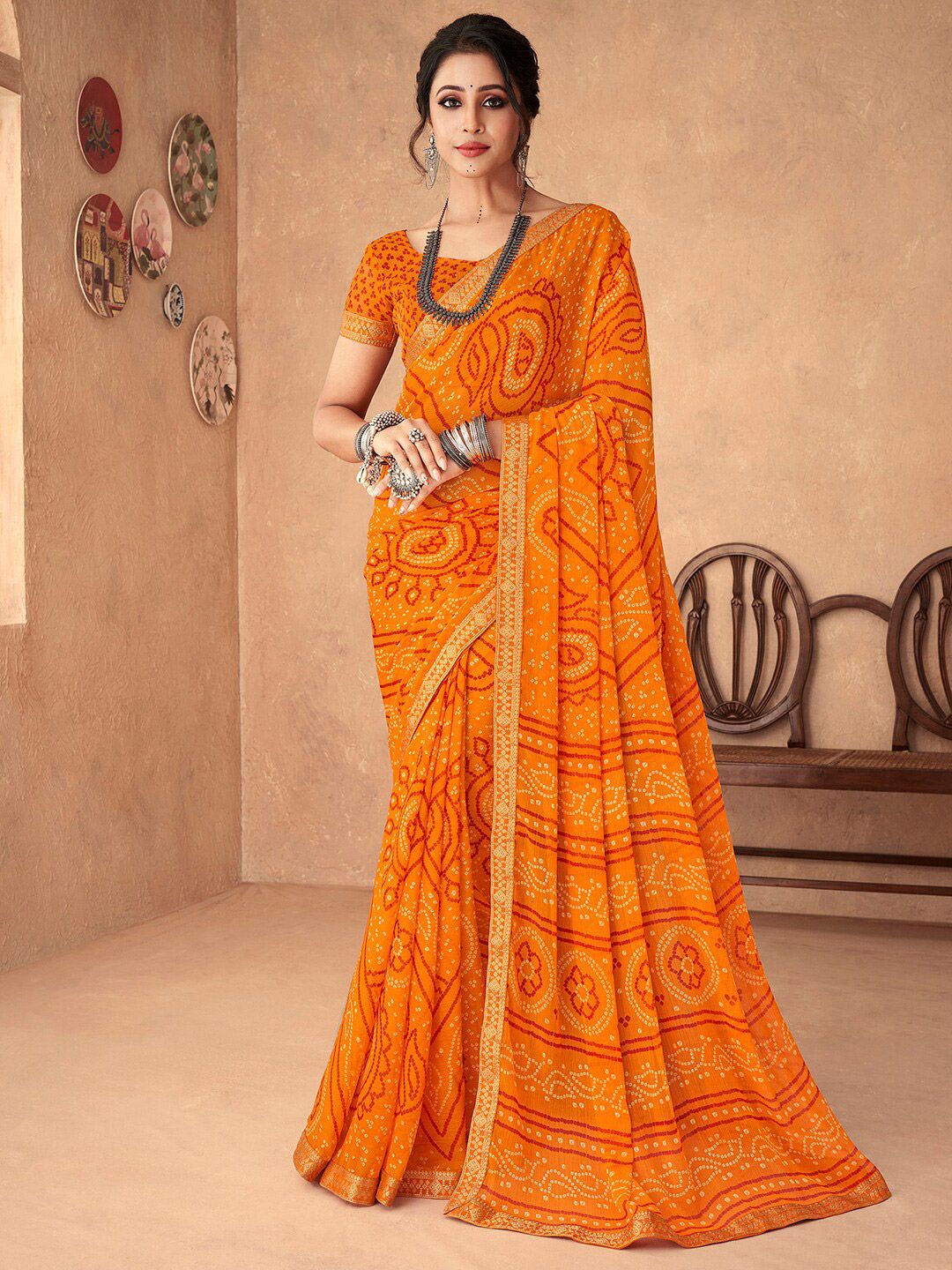 anouk rustic Anouk Yellow & Red Bandhani Zari Pure Chiffon Bandhani Saree-picture-14