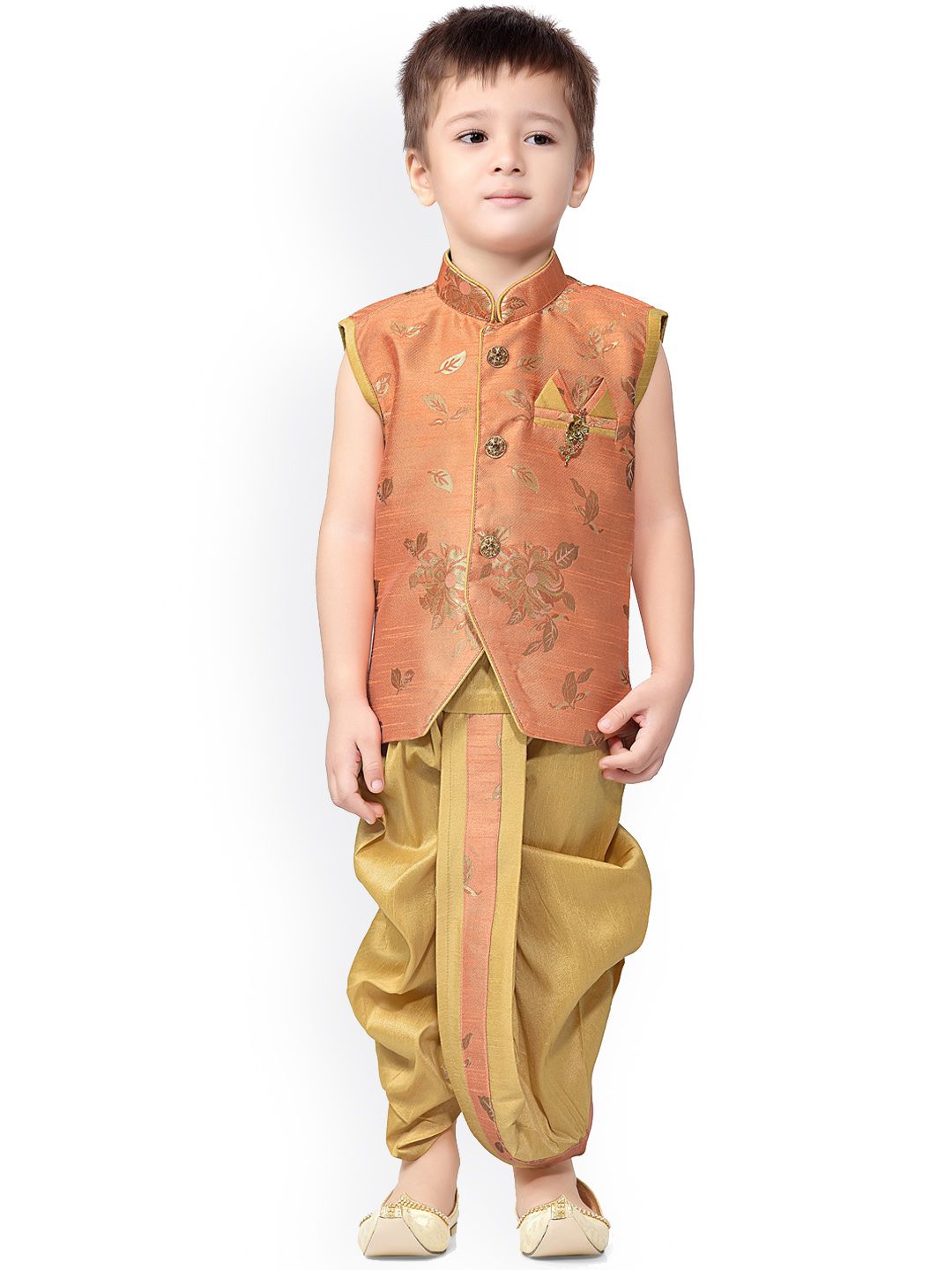 BAESD Boys Floral Woven Design Zari Silk Cotton Straight Kurta With Dhoti Pants-picture-12