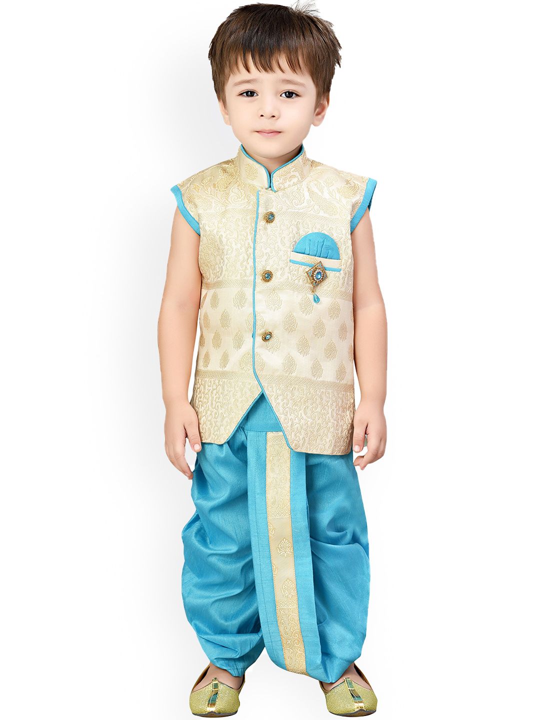 BAESD Boys Ethnic Motif Woven Design Zari Regular Silk Cotton Kurta With Dhoti Pants-picture-49