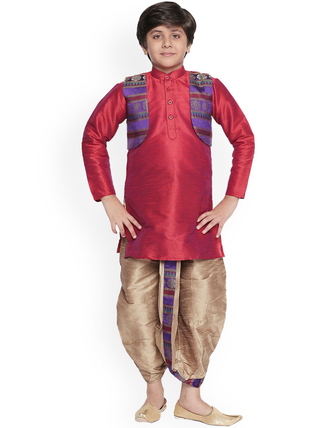 BAESD Boys Mandarin Collar Silk Cotton Kurta with Dhoti Pants & Jacket-picture-52