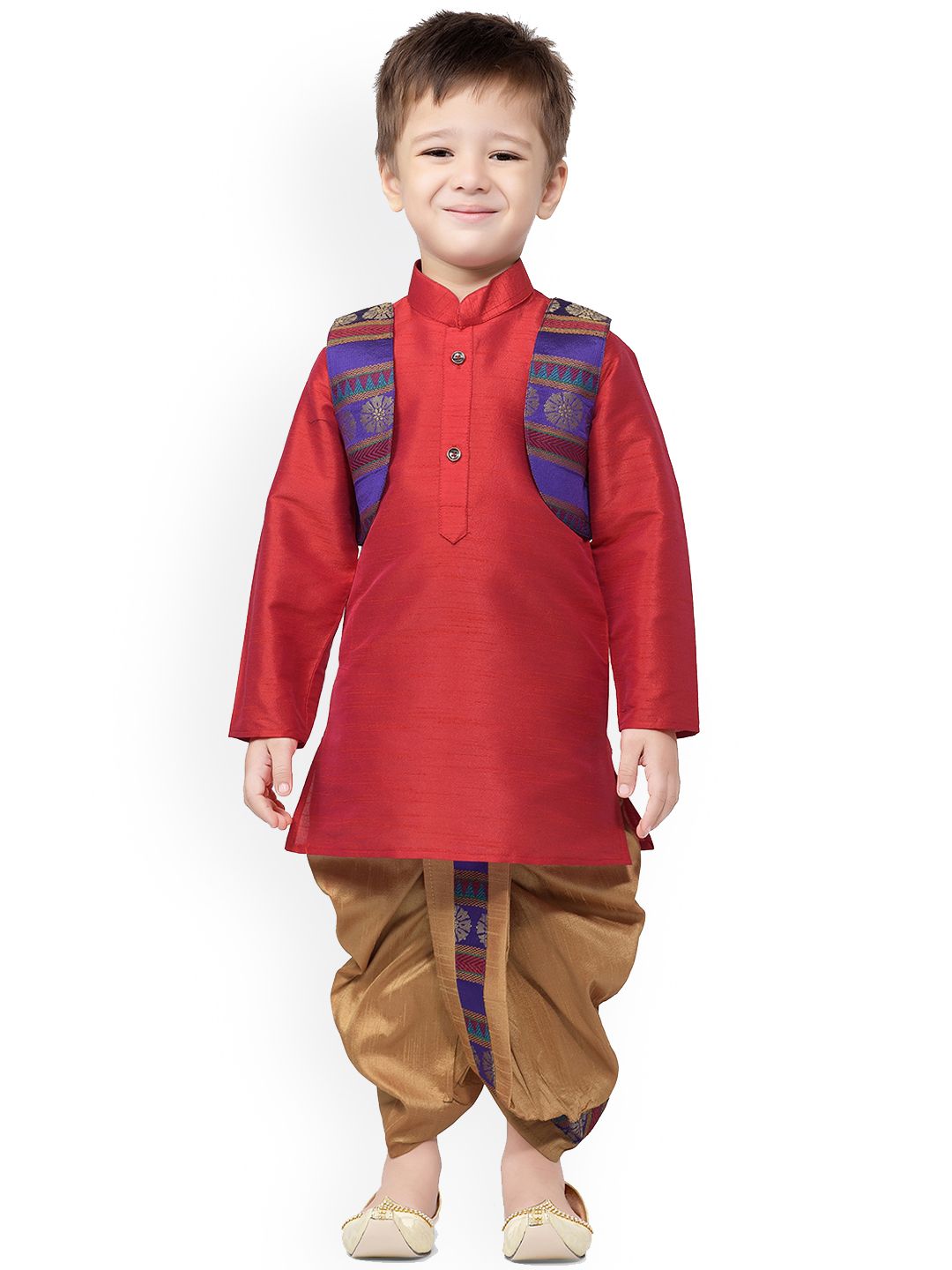 BAESD Boys Mandarin Collar Silk Cotton Kurta with Dhoti Pants & Jacket-picture-36