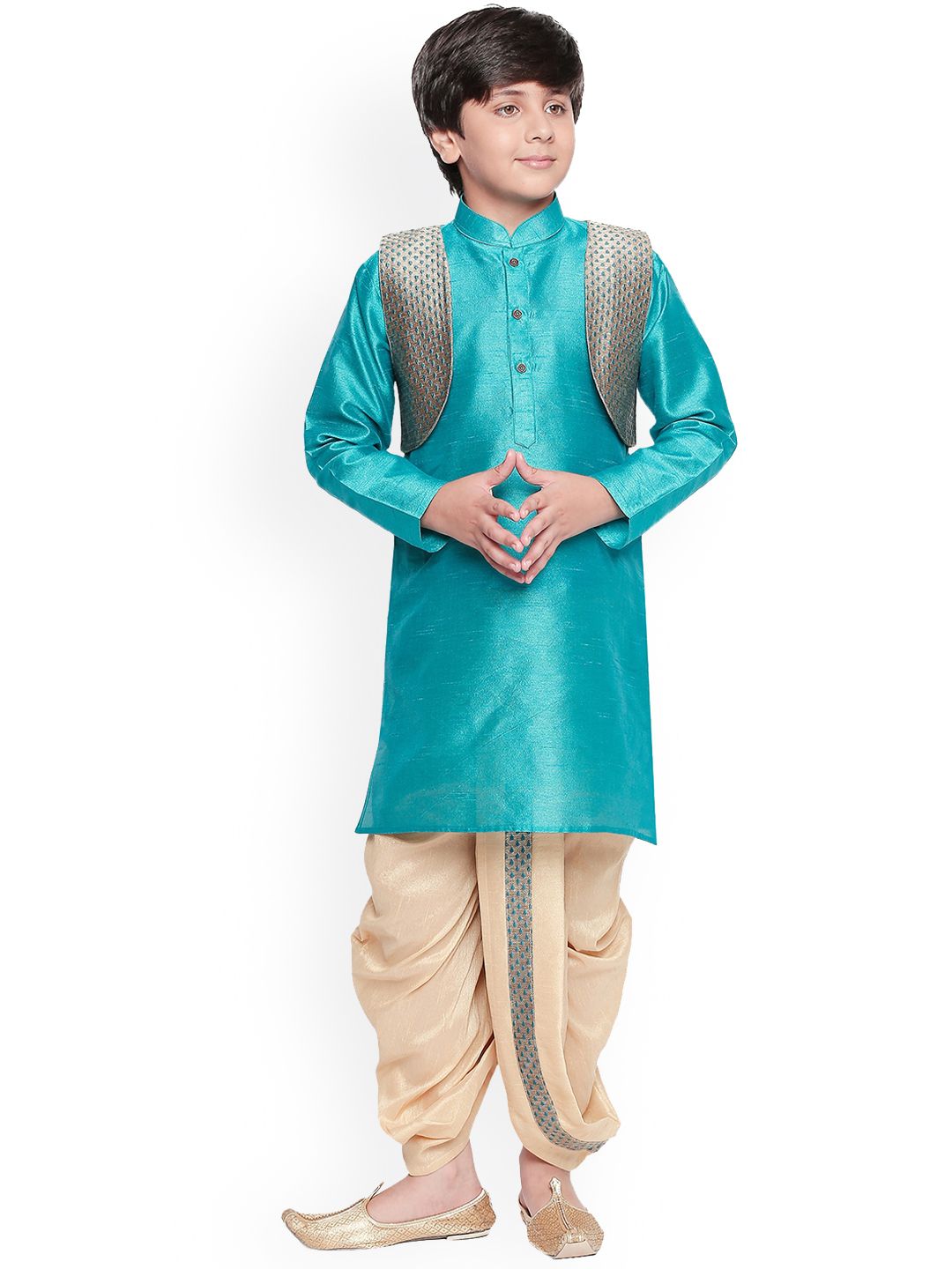 BAESD Boys Mandarin Collar Silk Cotton Kurta with Dhoti Pants & Jacket-picture-57