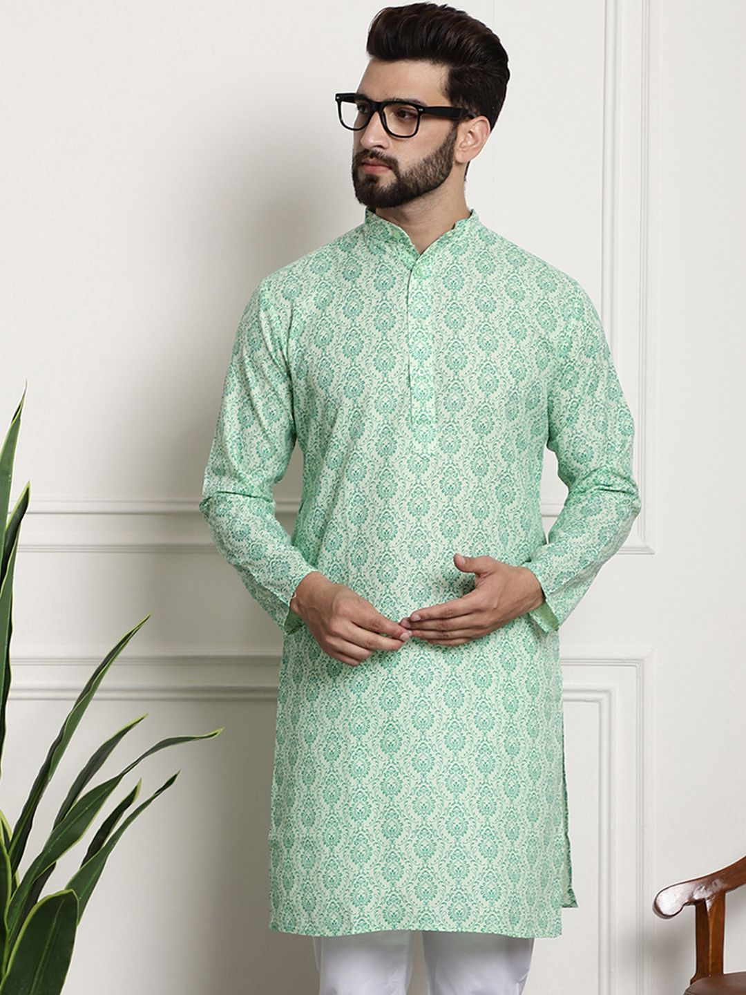 SOJANYA Ethnic Motifs Printed Band Collar Long sleeves Straight Kurta-picture-41