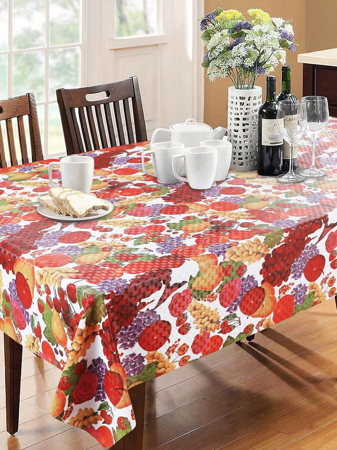 Dakshya Industries Red & White Floral Printed 6-Seater Anti-Slip Table Cover-picture-16