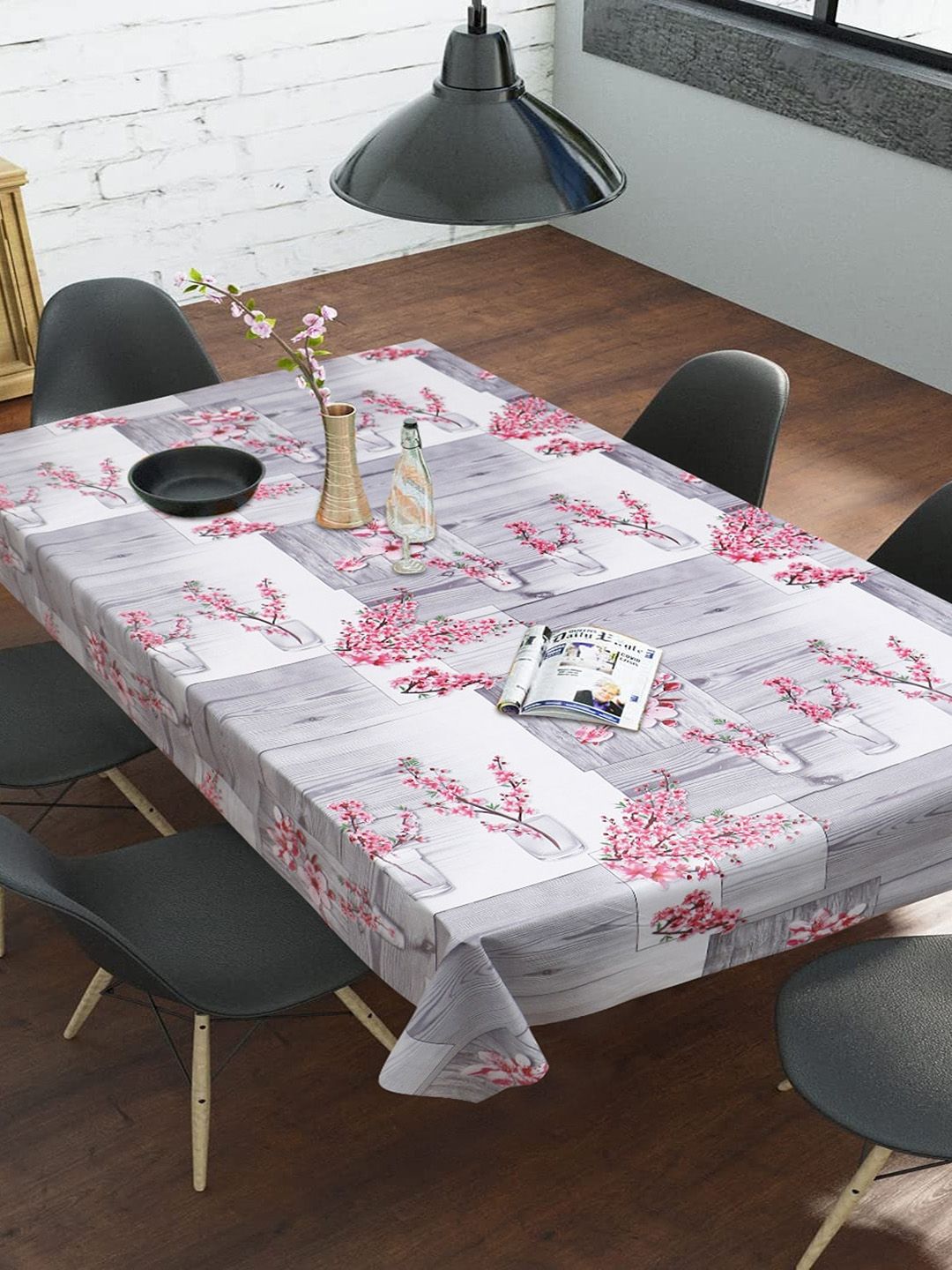 Dakshya Industries Grey & Pink Printed PVC 6-Seater Anti-Slip Table Cover-picture-14