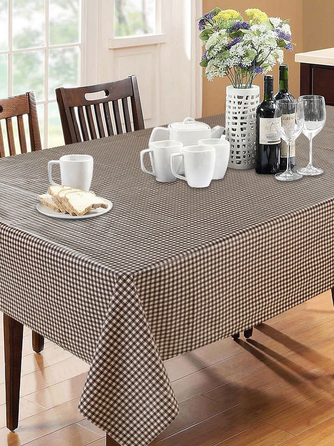 Dakshya Industries Brown & White Checked 6-Seater Table Cover-picture-31