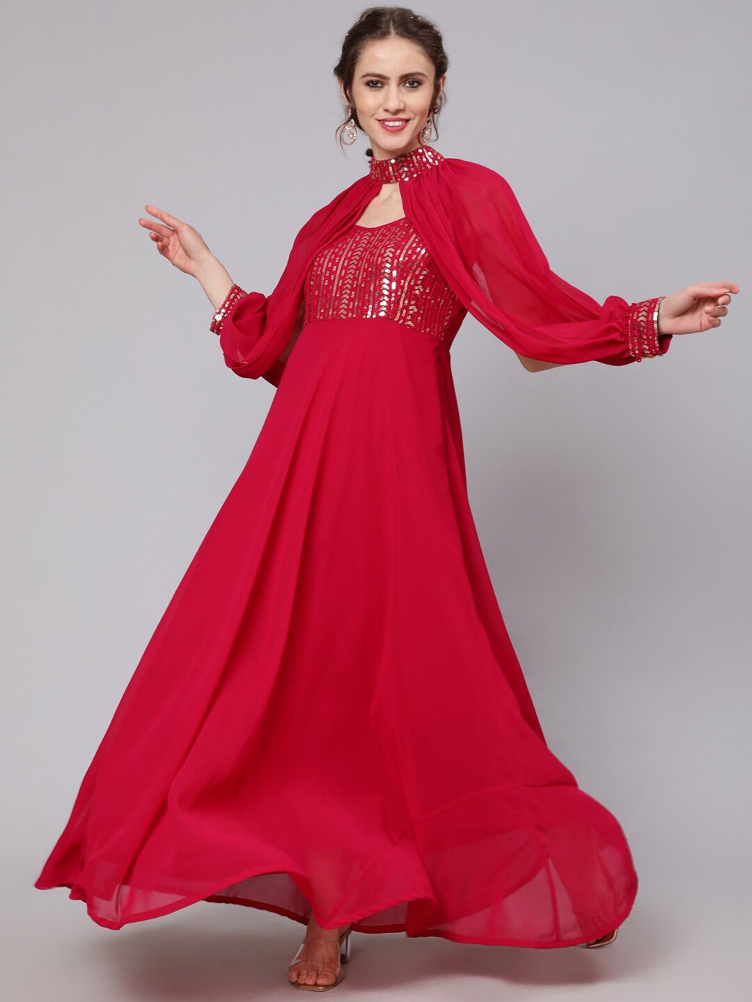 AKS Couture Embellished Sequinned Georgette Maxi Ethnic Dress With Cape Sleeves-picture-52