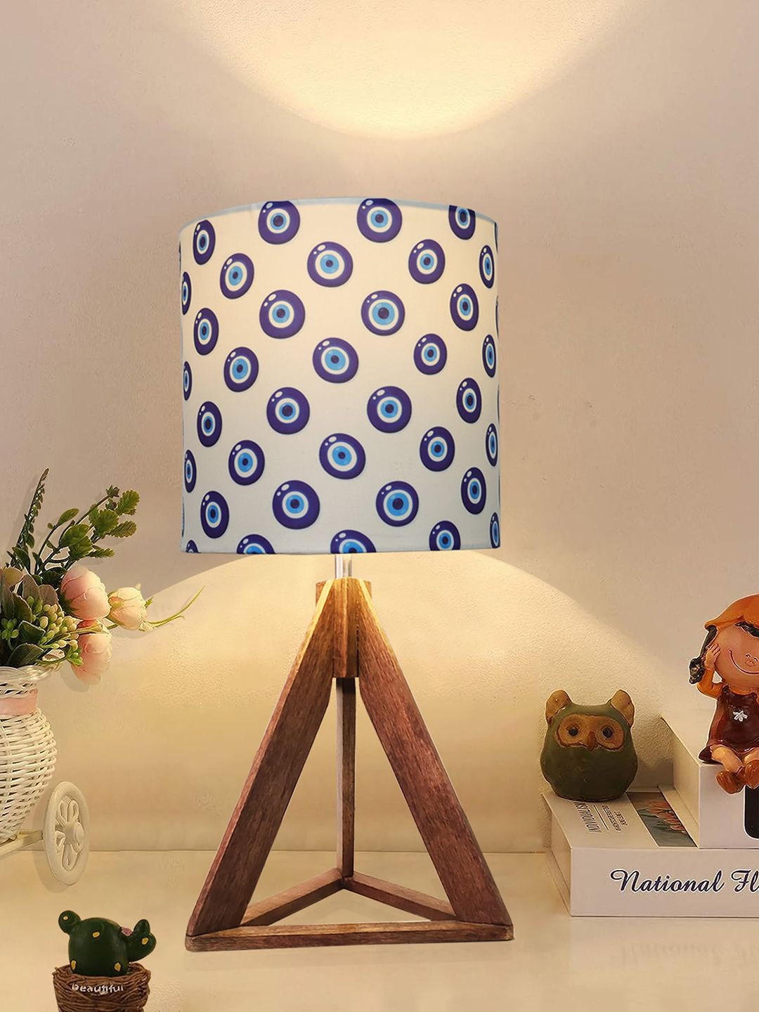 Homesake White & Blue Printed Triangle Wooden Table Lamp-image-38