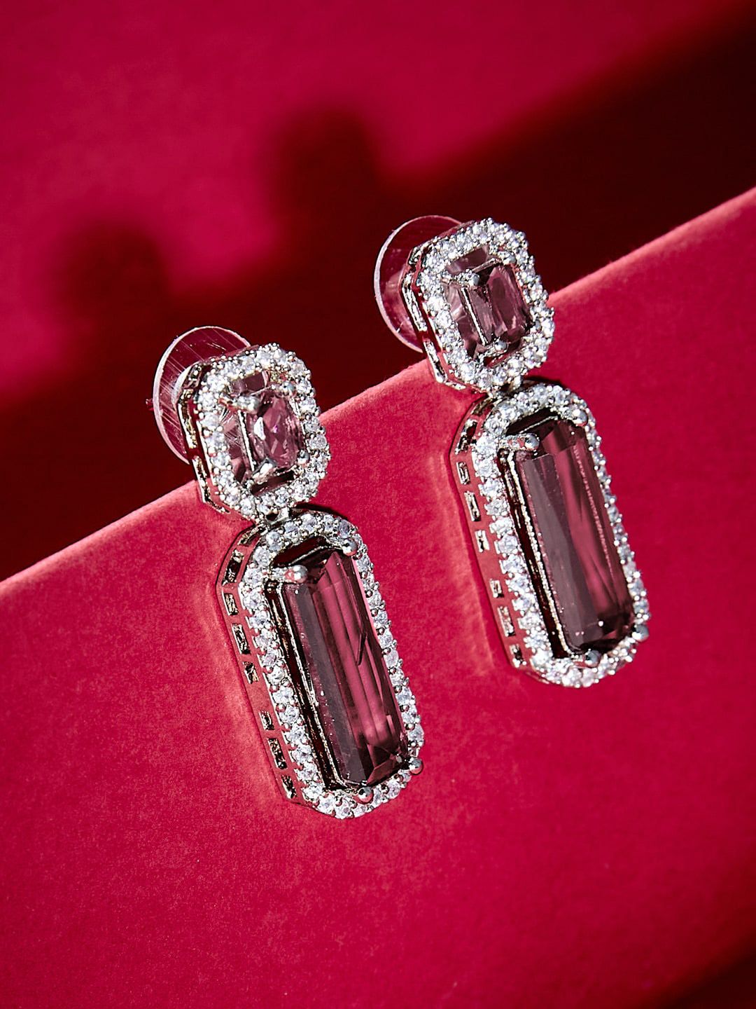 ATIBELLE Silver Plated Geometric Cubic Zirconia Drop Earrings