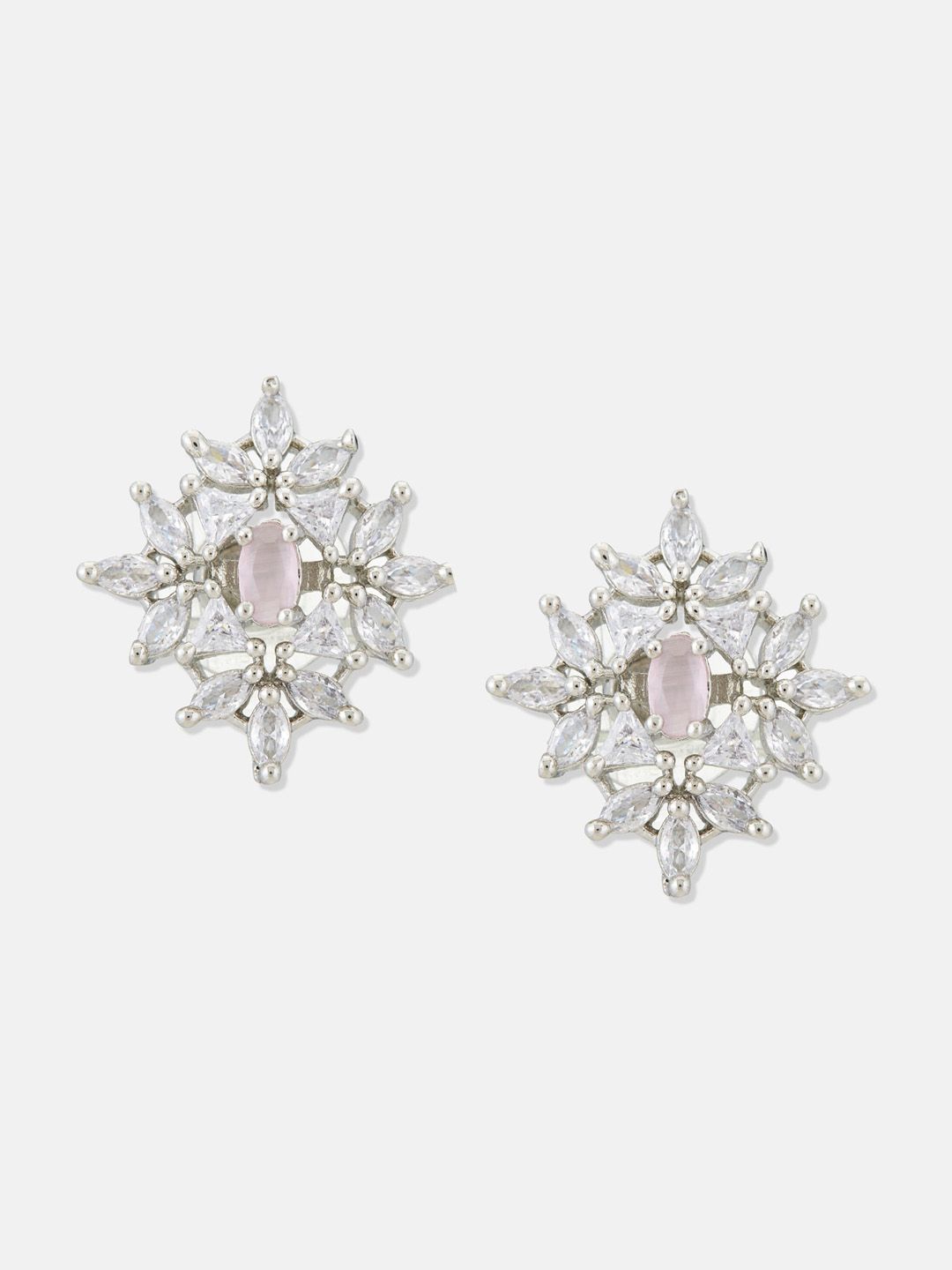 ATIBELLE Silver Plated Floral Cubic Zirconia Studs Earrings
