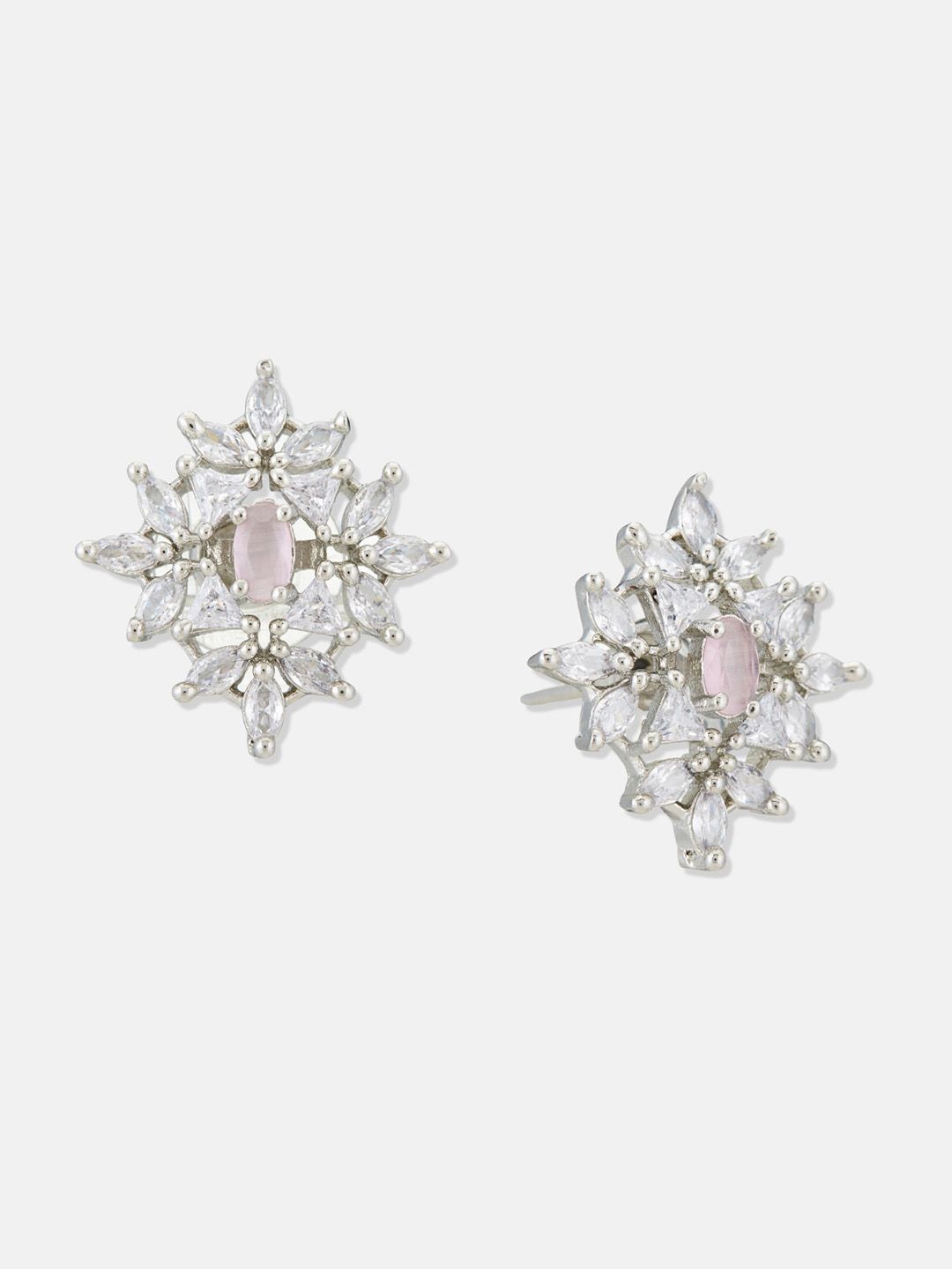 ATIBELLE Silver Plated Floral Cubic Zirconia Studs Earrings