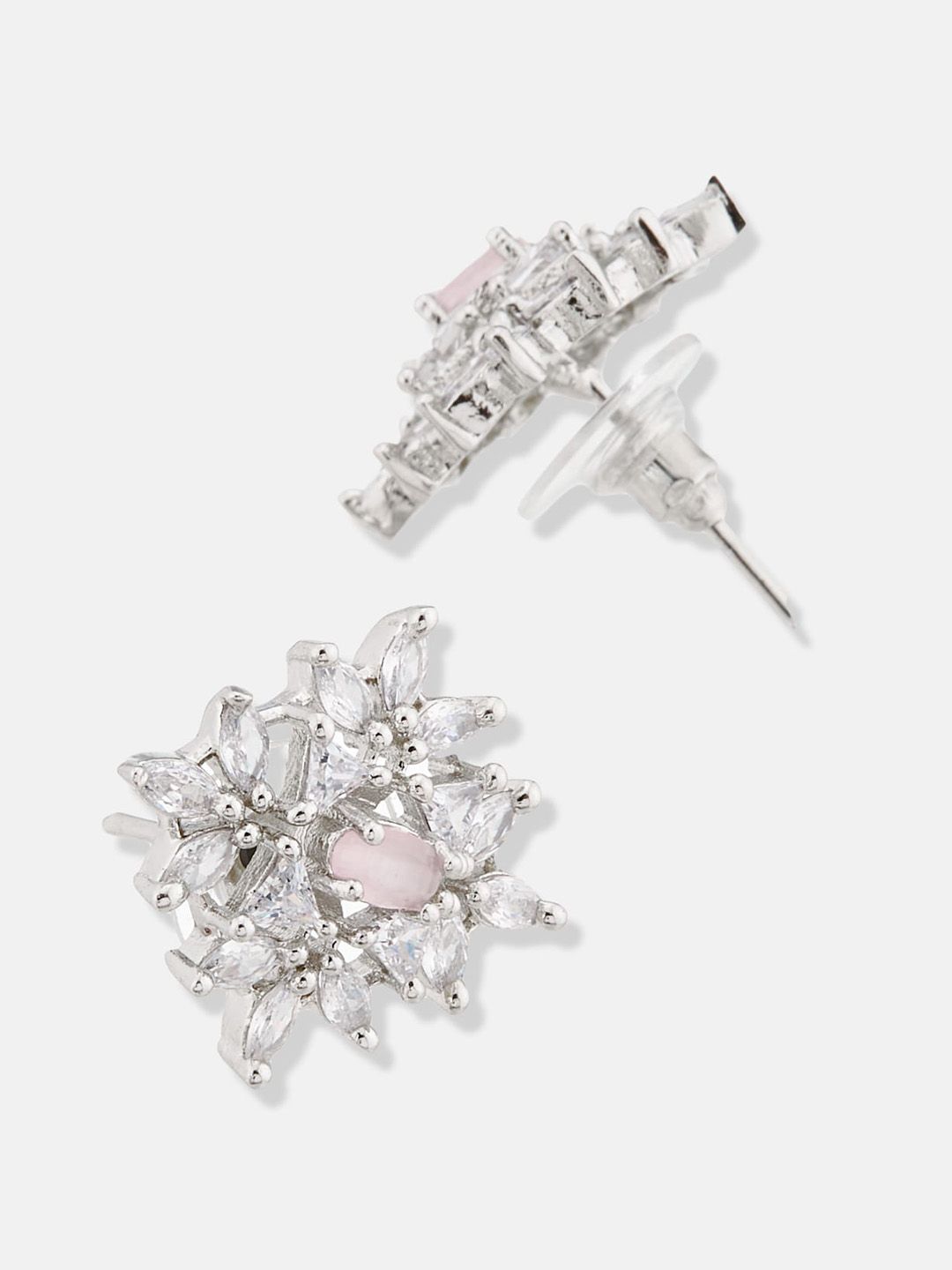 ATIBELLE Silver Plated Floral Cubic Zirconia Studs Earrings
