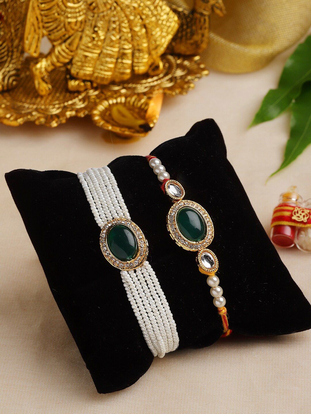 PANASH Set Of 2 Gold-Plated Stone-Studded & Beaded Rakhis With Roli Chawal-image-39