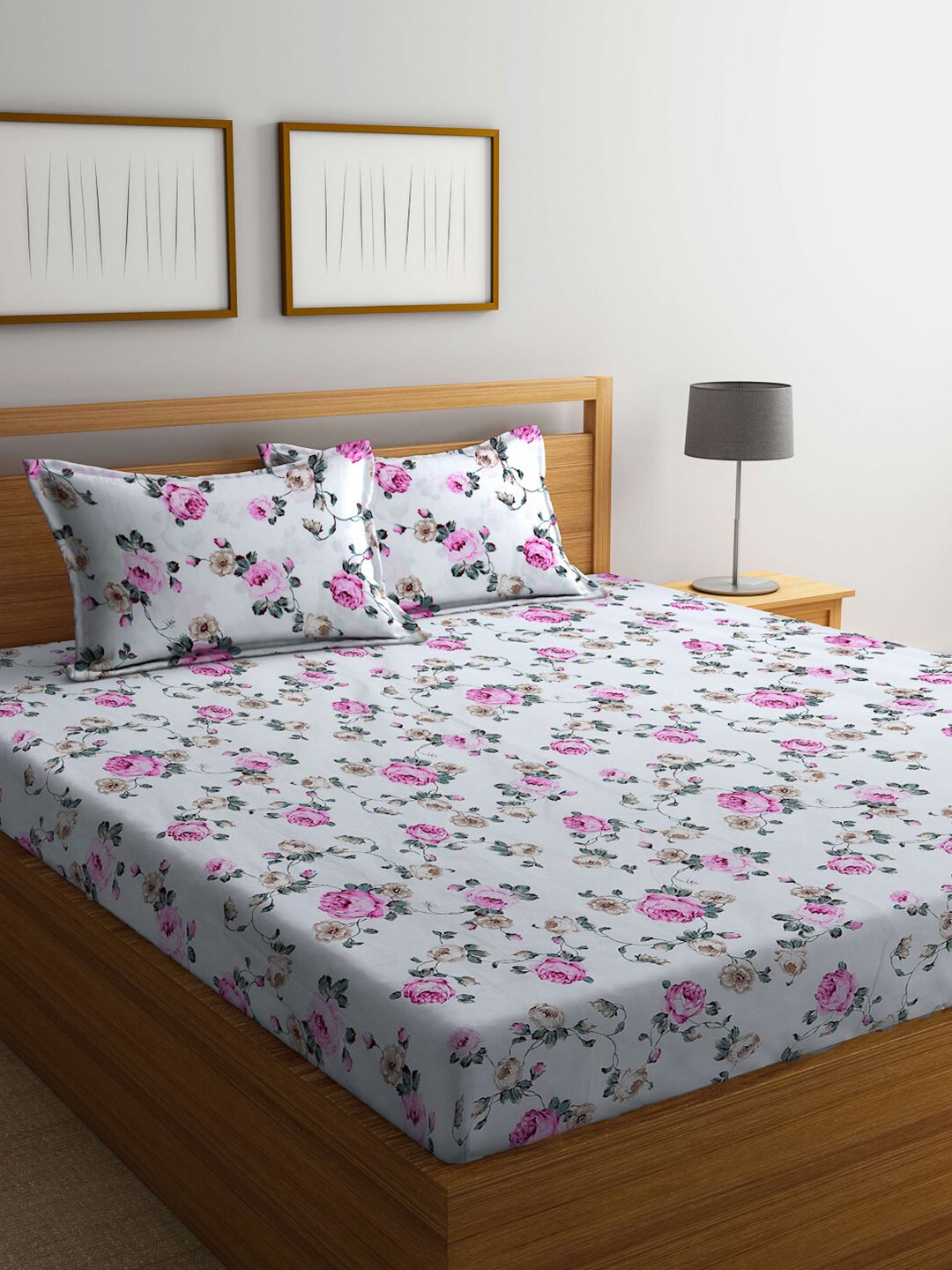 FABINALIV White & Pink Printed 300 TC Fitted King Bedsheet with 2 Pillow Covers-image-43