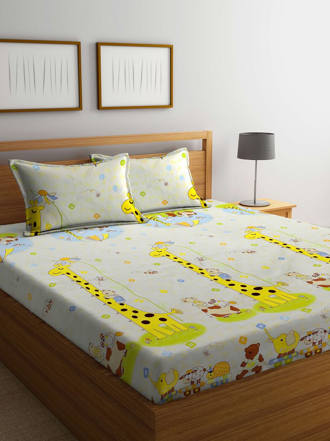 FABINALIV Yellow & Blue Printed 300 TC Fitted King Bedsheet with 2 Pillow Covers