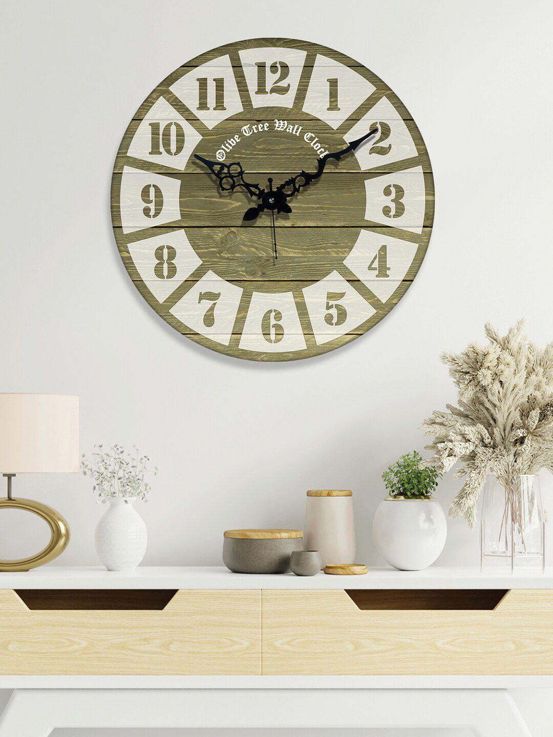 OLIVE TREE Olive Green & Beige Colourblocked Analogue Contemporary Wall Clock-picture-35