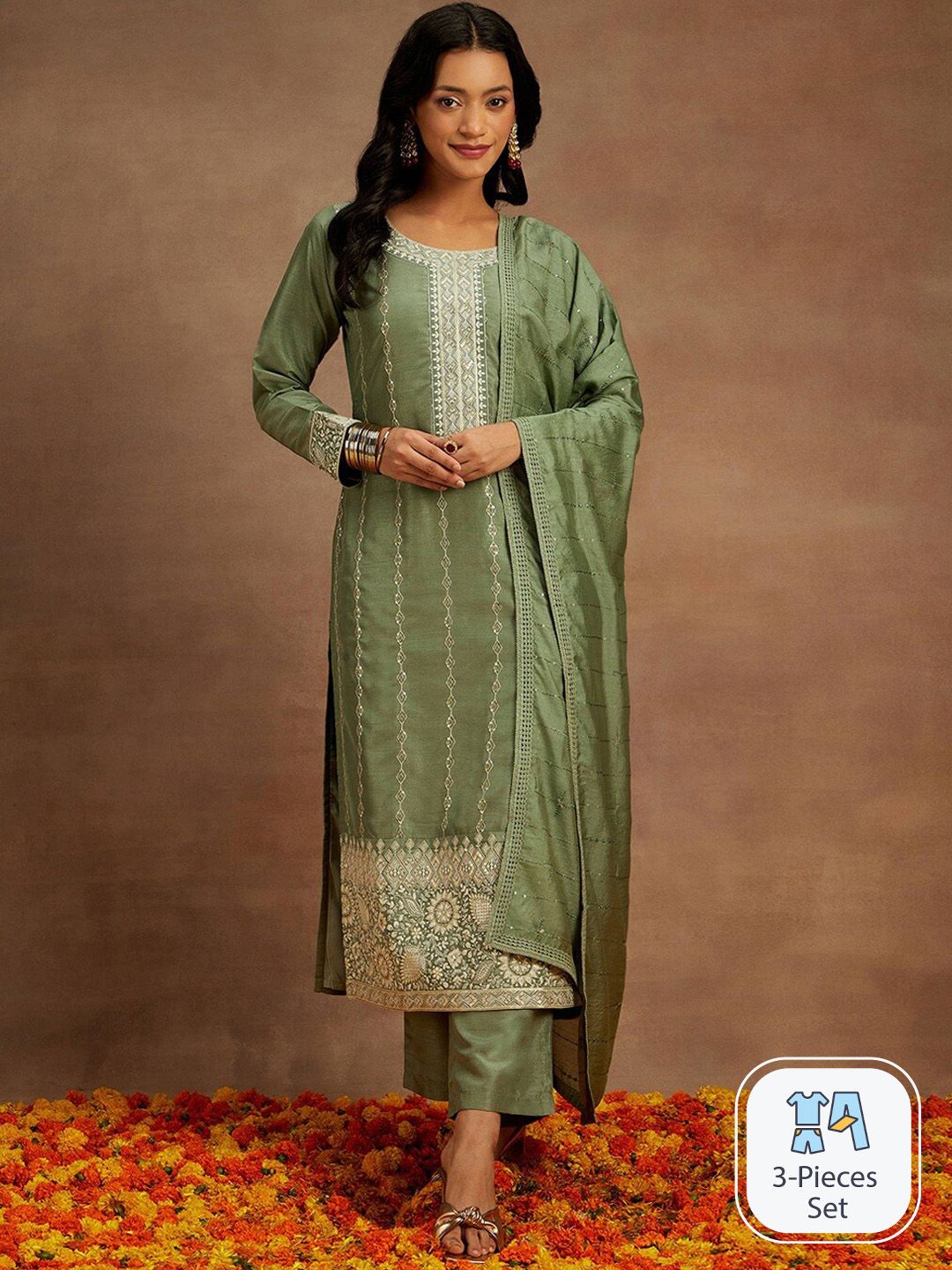Ethnic Motifs Embroidered Pure Silk Straight Kurta With Trousers & Dupatta