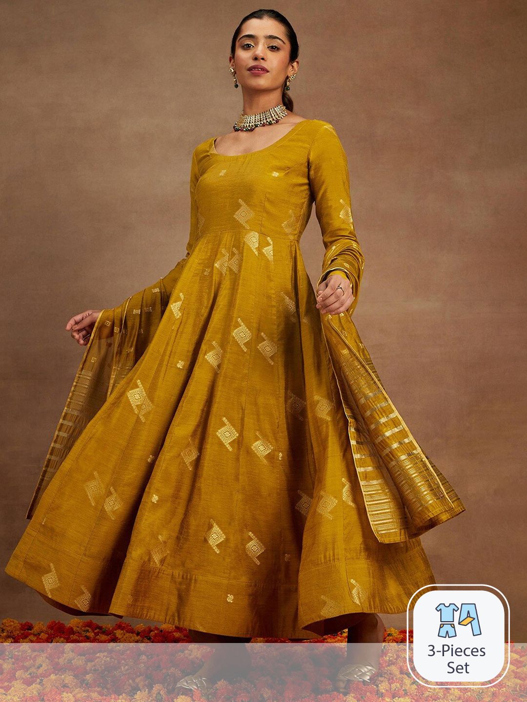 Libas Mustard Yellow Woven Design Chanderi Silk Kurta with Palazzos