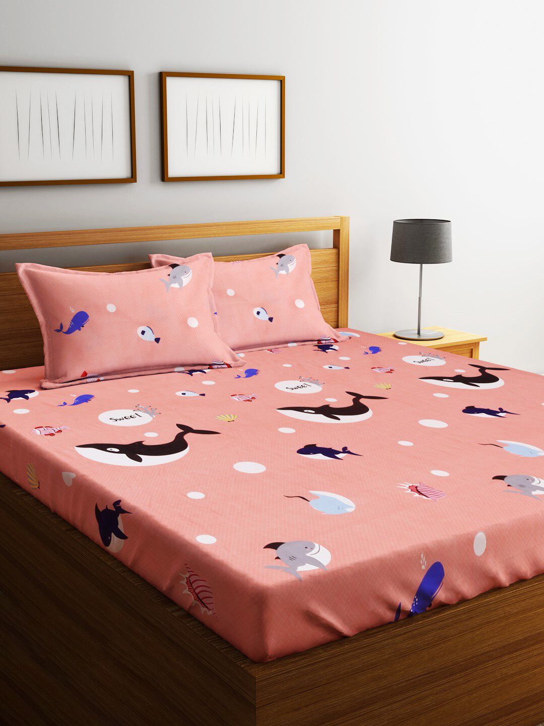 Home Sizzler Pink & White Cartoon Characters Microfibre 210 TC King Bedsheet & 2 Pillow Covers-picture-35