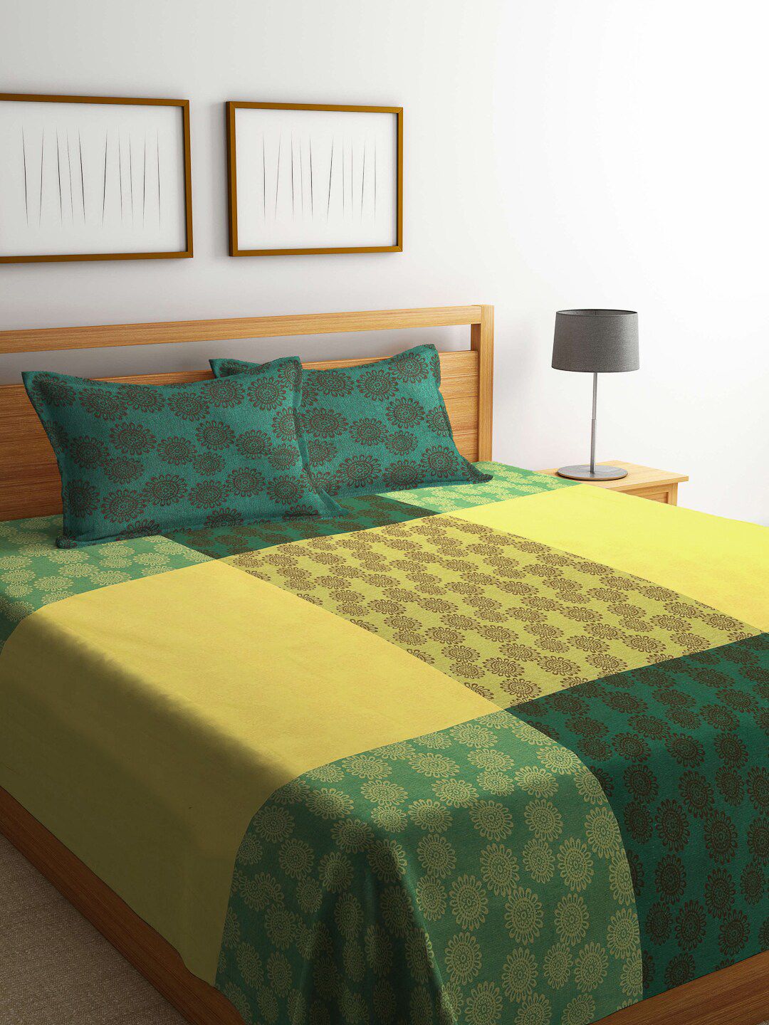 FABINALIV Yellow & Teal Blue Printed Pure Cotton Double King Bedsheet With 2 Pillow Covers-image-29