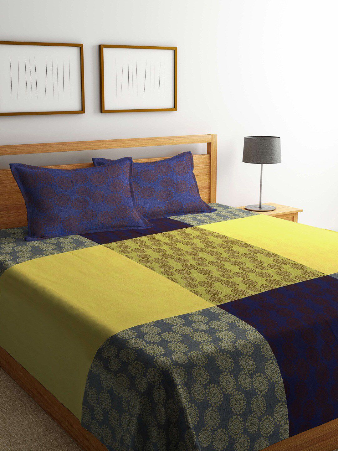 FABINALIV Lime Green & Navy Blue 350 TC Pure Cotton King Bedcover with 2 Pillow Covers-picture-28