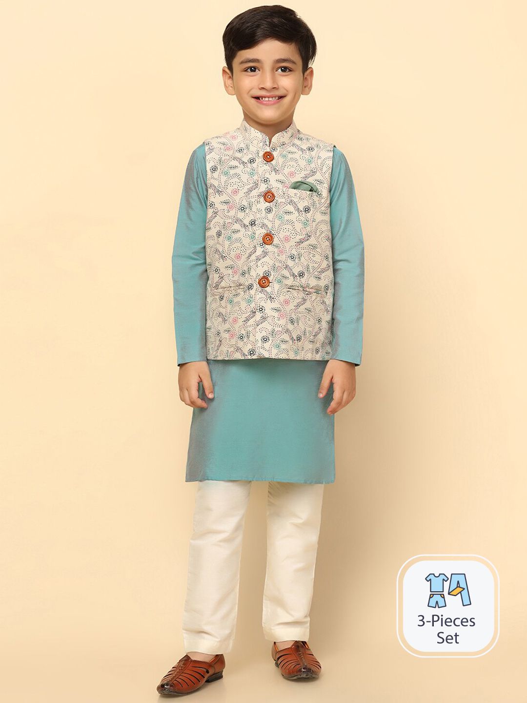 KISAH Boys Mandarin Collar Kurta With Pyjamas & Printed Nehru Jacket-picture-50