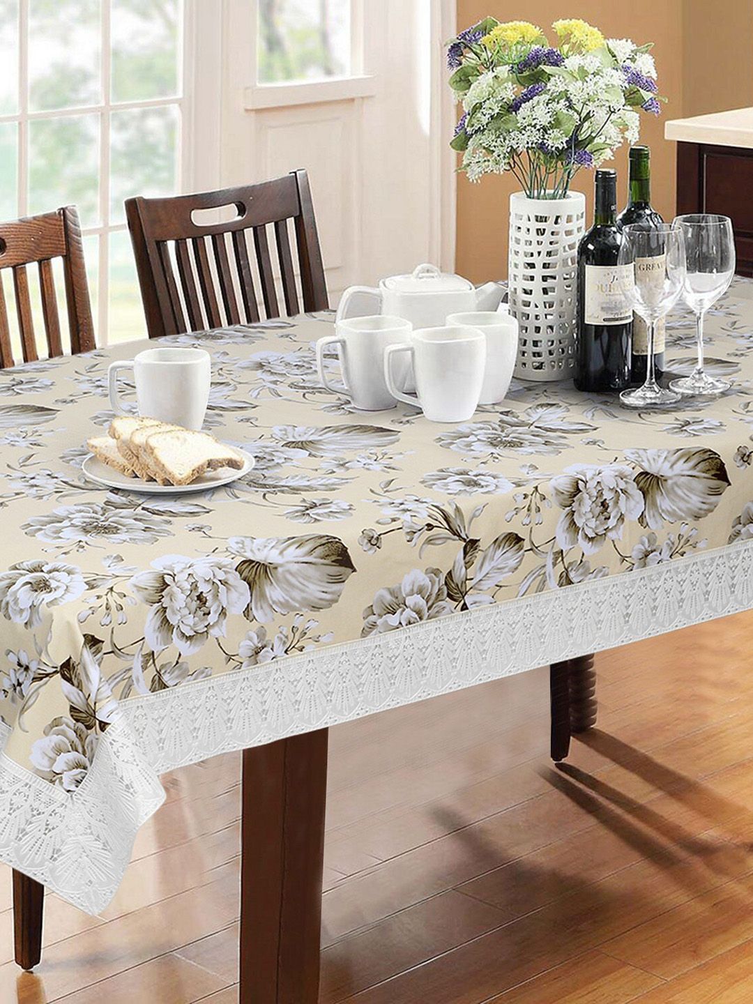 Dakshya Industries Beige Floral Printed 4-Seater Table Covers-picture-19