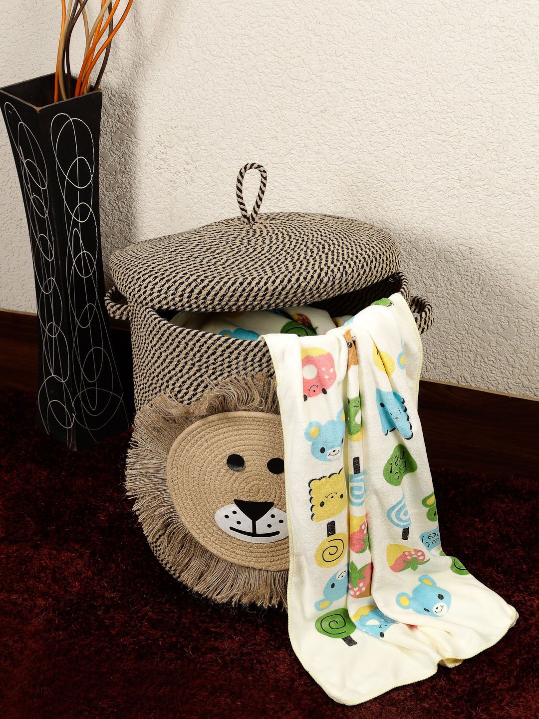 FABINALIV Brown & Black Self-Design Foldable Cotton Laundry Bag With Lid-image-19