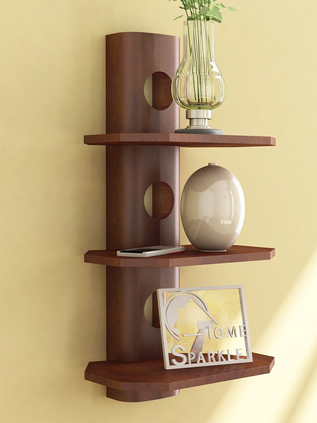 Home Sparkle Brown Wood Wall Mounted 3 Tier Wall Shelf
