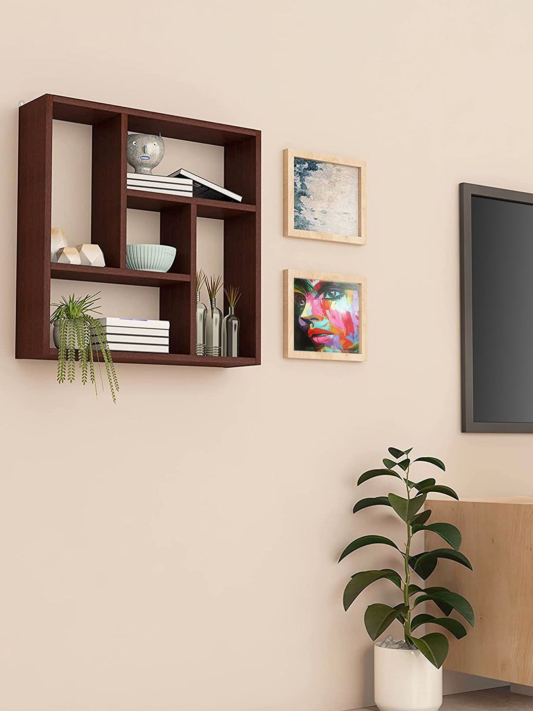 Home Sparkle Brown Wood Square Shaped Wall Shelf