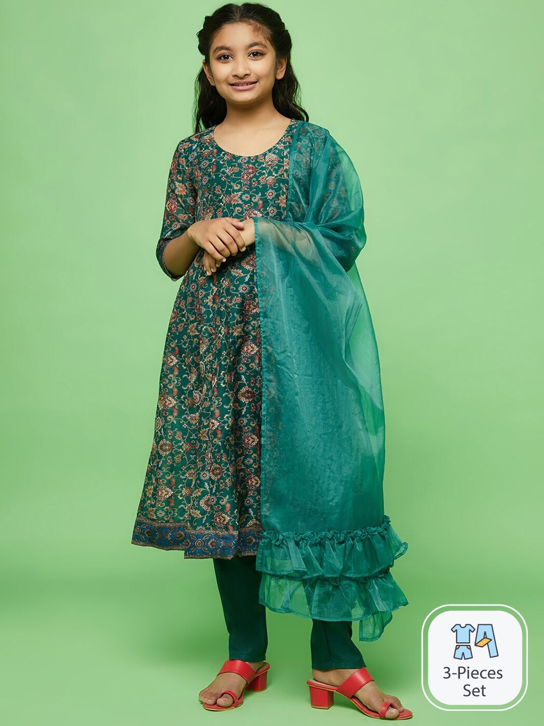 Aks Kids Girls Floral Printed Round Neck Anarkali Kurta with Trousers & Dupatta-picture-35