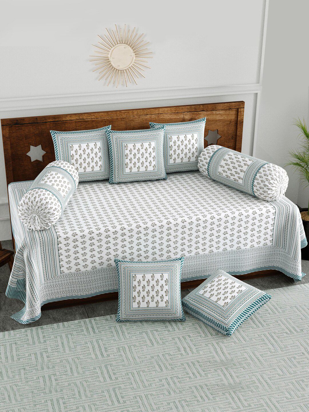 BLOCKS OF INDIA White & Green 8 Pieces Printed Cotton Diwan Set-picture-36