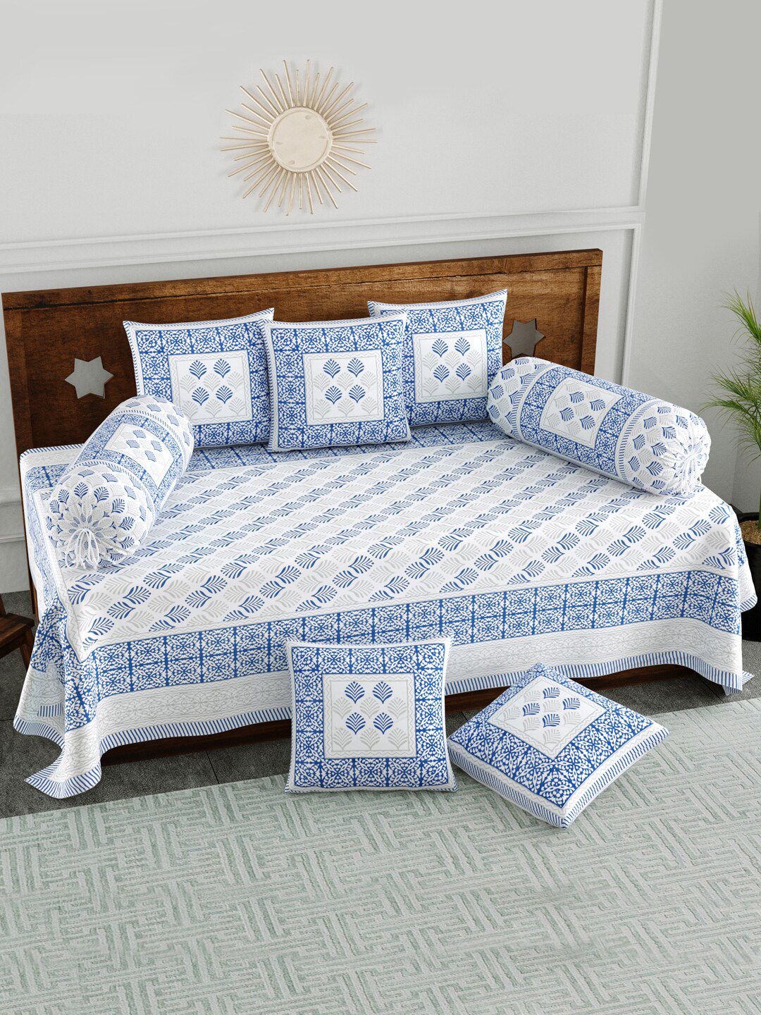 BLOCKS OF INDIA White & Blue 8 Pieces Printed Cotton Diwan Set-picture-34
