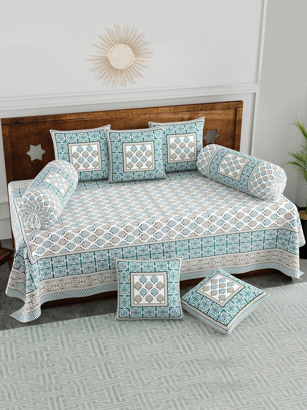 BLOCKS OF INDIA White & Green 8 Pieces Printed Cotton Diwan Set-picture-32
