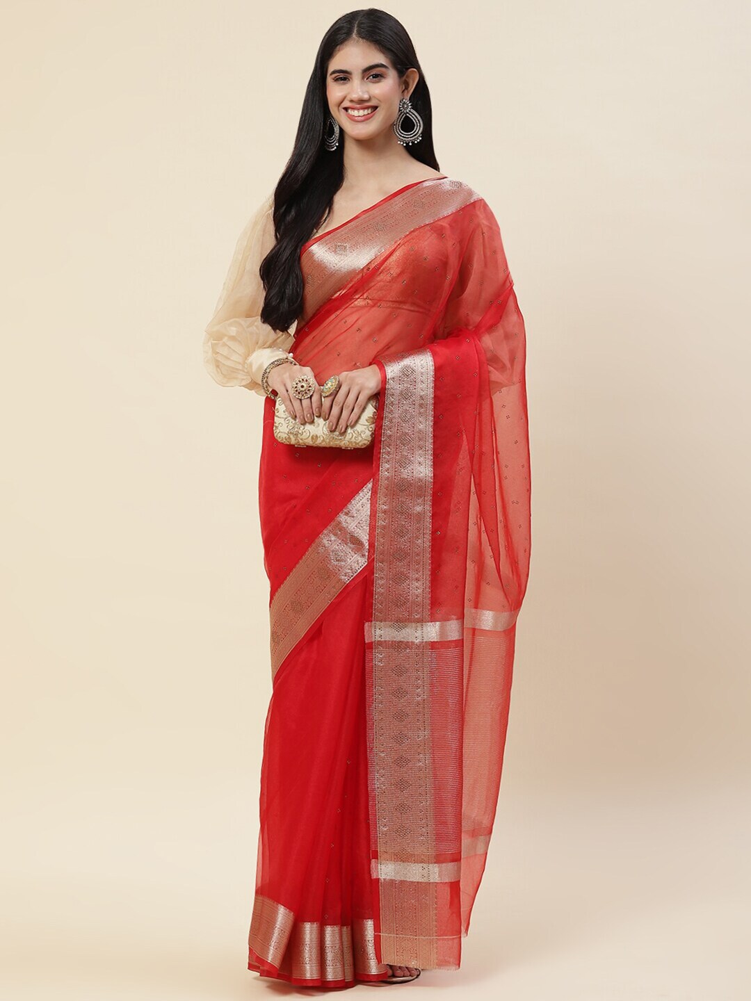 Meena Bazaar – Red Net Saree with Leaf Bootas & Gold Borde… | Flickr