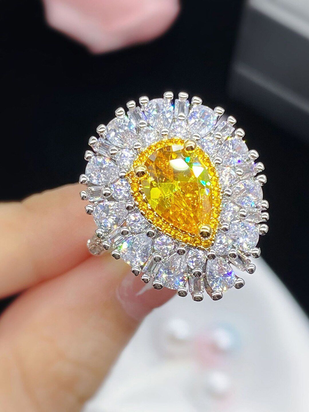 Designs & You Silver Plated American Diamond Crushed Ice Cut Teardrop Cocktail Finger Ring-picture-26