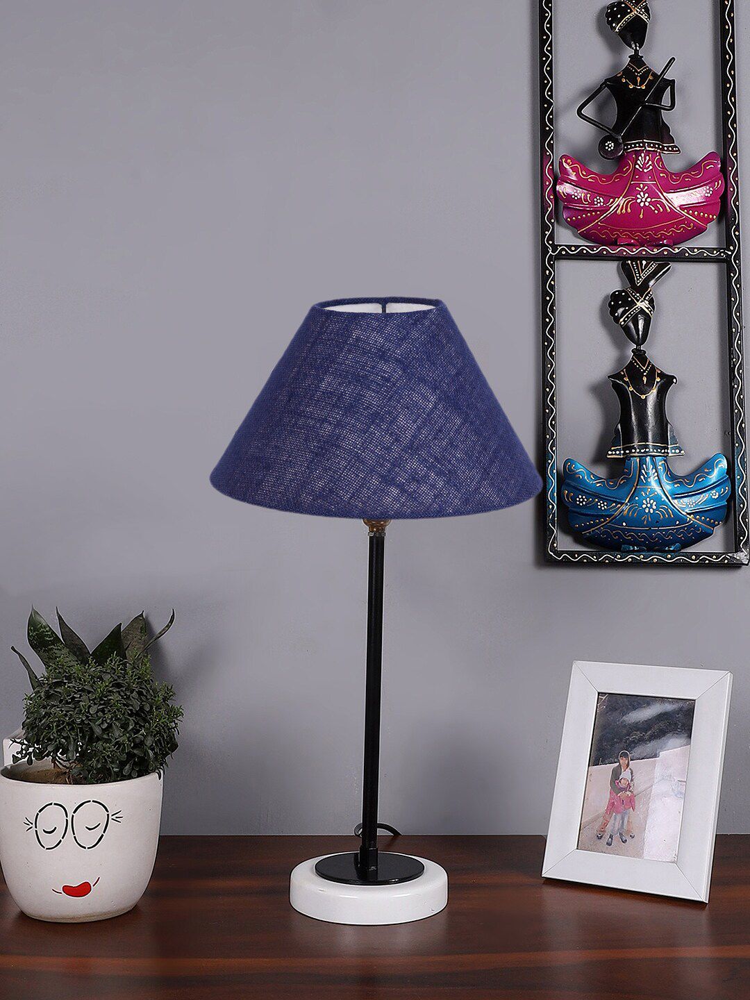 Devansh Blue & White Textured Wooden Table Lamp With Cotton Shade-picture-37