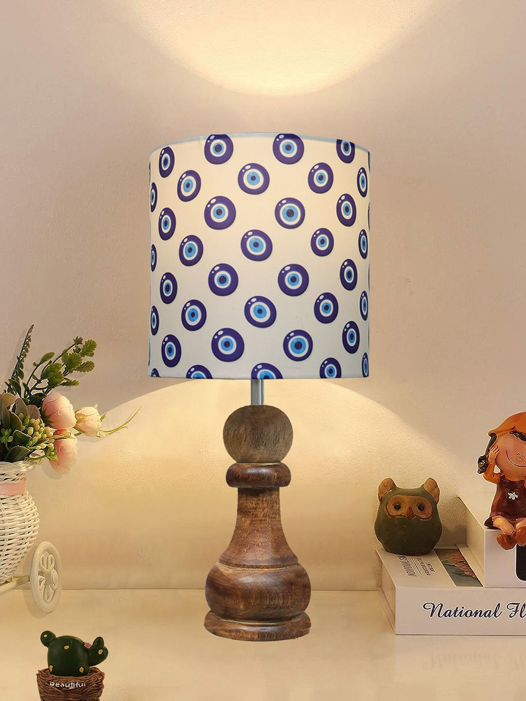 Homesake White & Blue Printed Wooden Table Lamp With Fabric Shade-picture-13