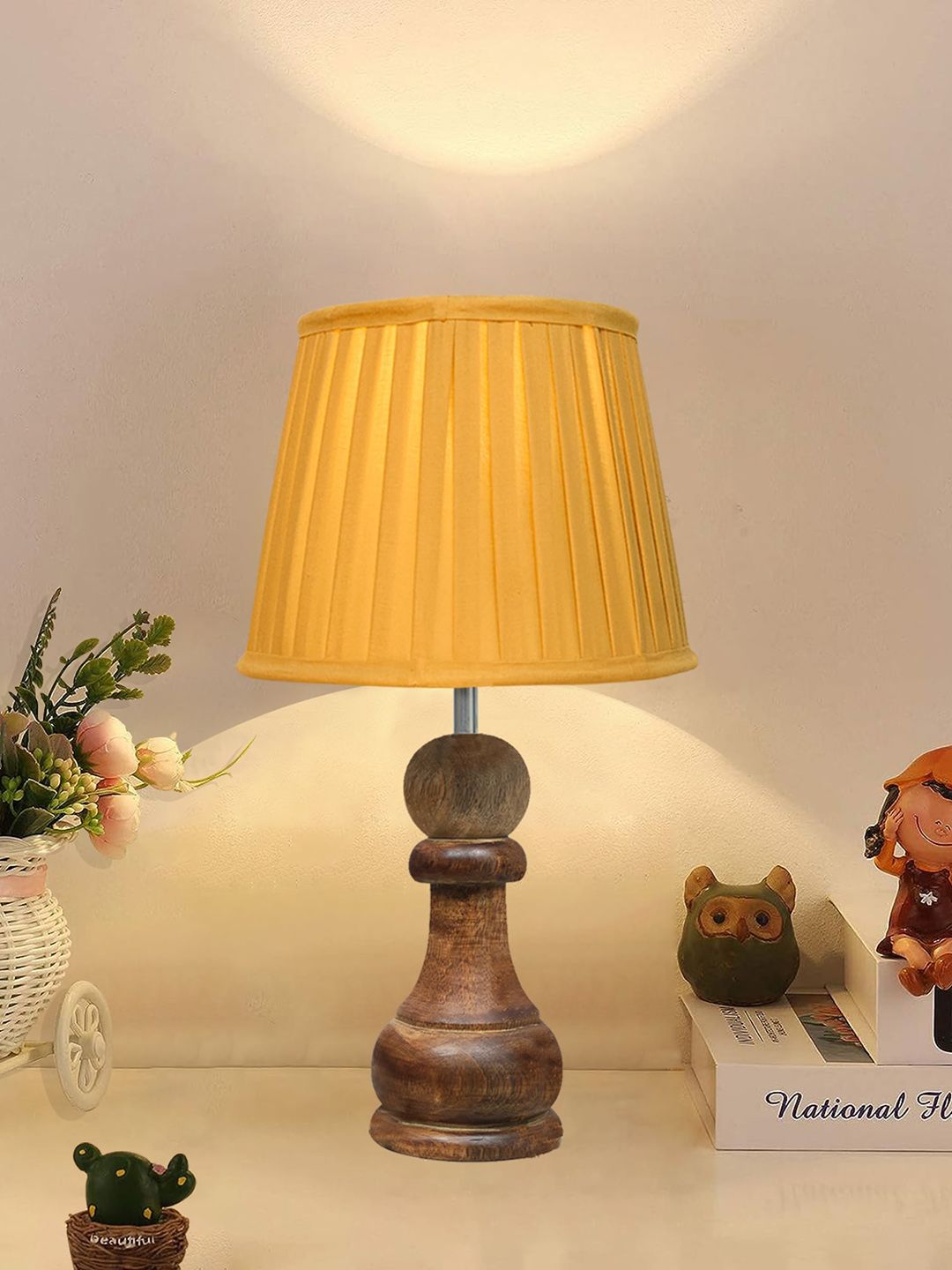 Homesake Beige & Brown Textured Wooden Table Lamp With Fabric Shade-picture-37