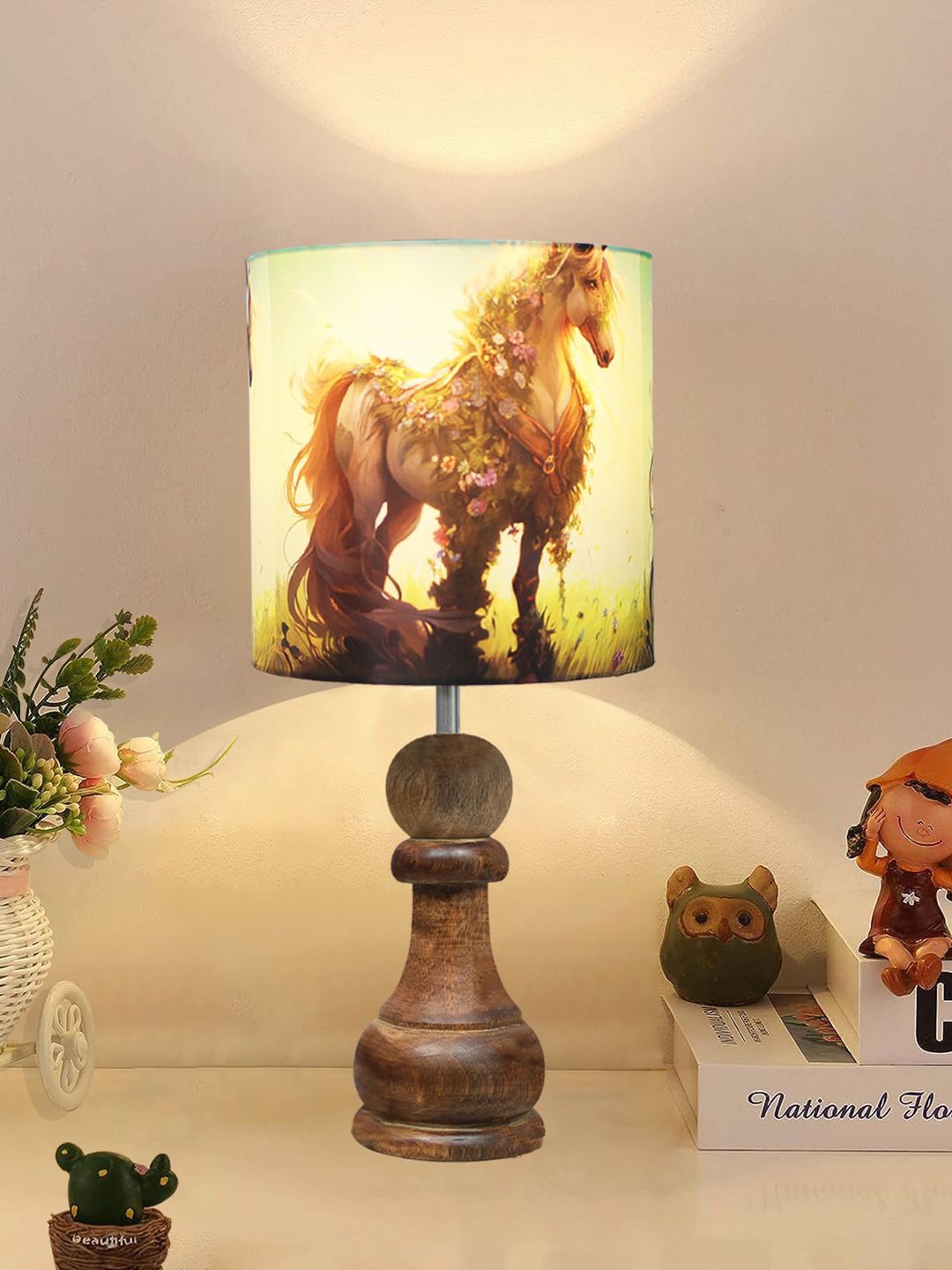Homesake Green & Brown Printed Wooden Table Lamp With Fabric Shade-picture-16