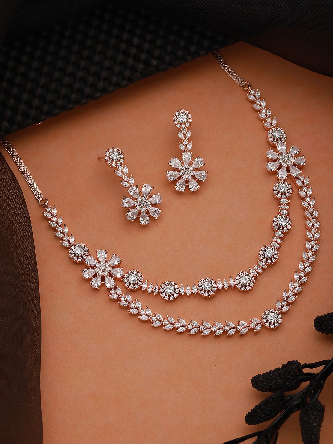 Saraf RS Jewellery Rose Gold-Plated Cubic Zirconia-Studded Necklace & Earrings-picture-22