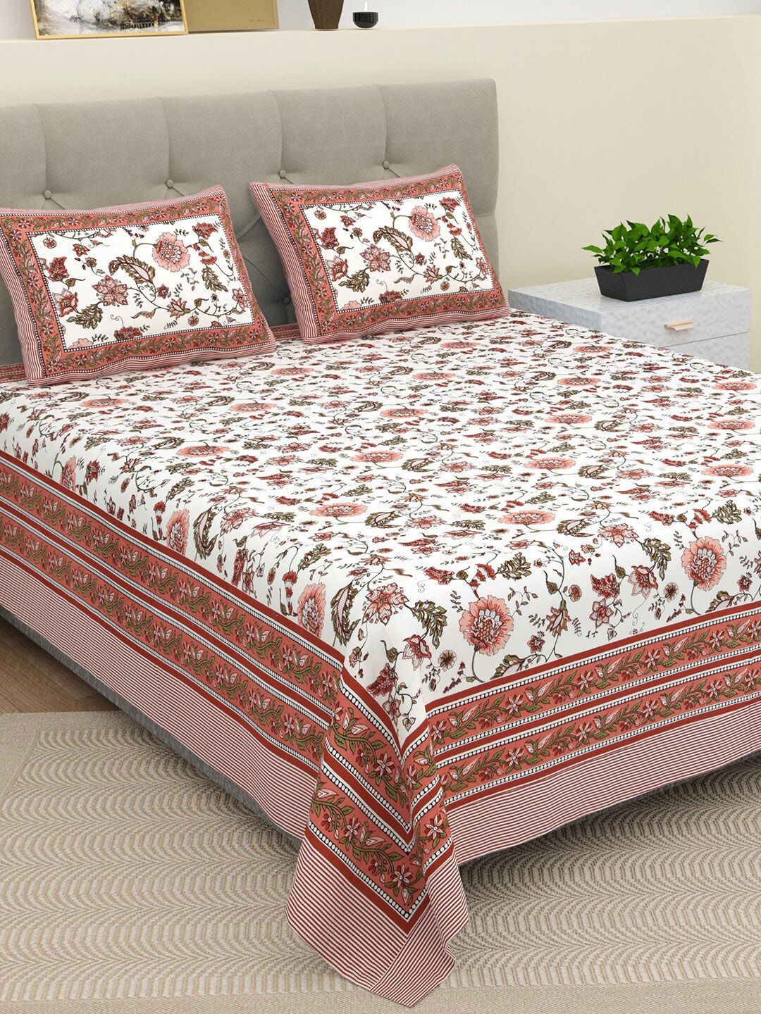 BELLA CASA Ethic White & Brown Printed Cotton 180 TC King Bedsheet with 2 Pillow Covers-picture-22