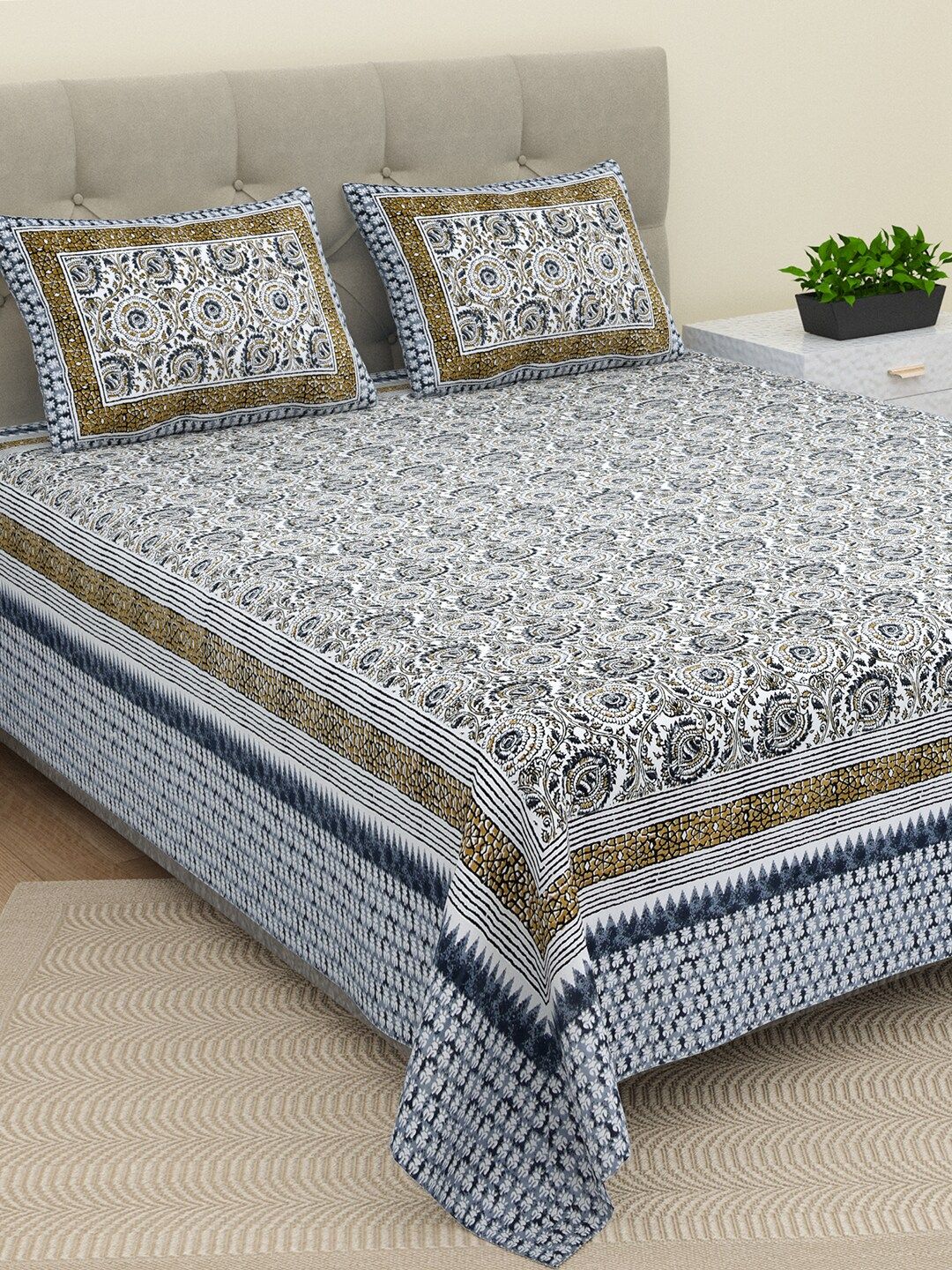 BELLA CASA Ethic White & Blue Printed Cotton 180 TC King Bedsheet with 2 Pillow Covers-picture-53