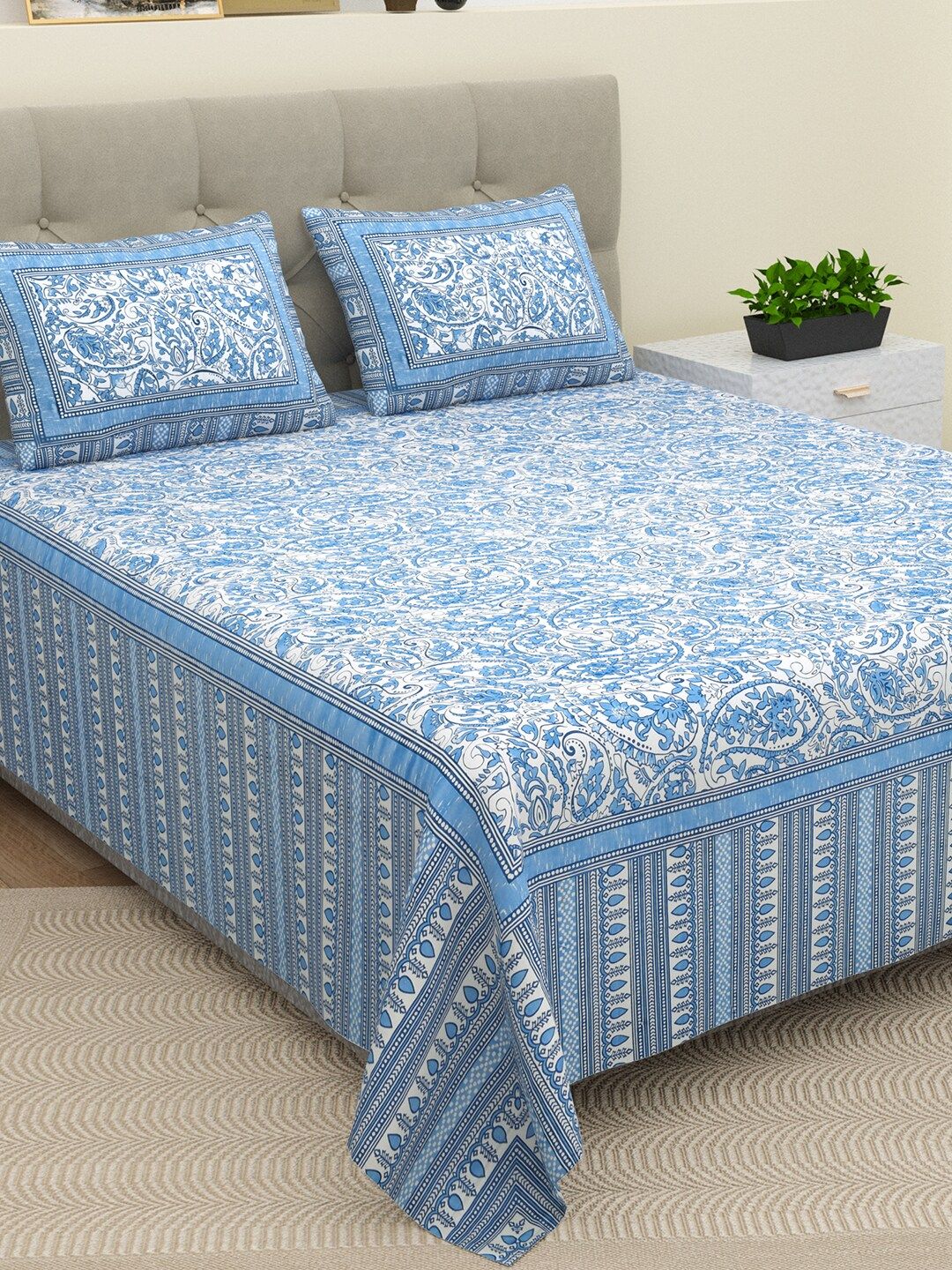 BELLA CASA Ethic Blue & White Printed Cotton 180 TC King Bedsheet with 2 Pillow Covers-image-3